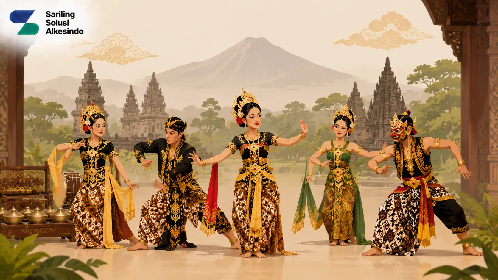Ilustrasi daftar tarian Indonesia di Pulau Jawa yang menampilkan penari dengan busana tradisional Jawa, latar candi, serta suasana pertunjukan budaya dengan logo Sariling Solusi Alkesindo.