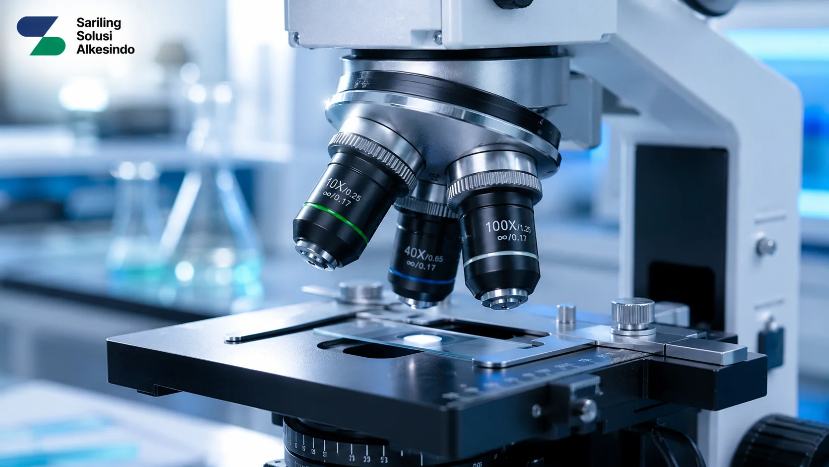 Close-up mikroskop laboratorium high-end dengan revolving nosepiece berbahan metal, beberapa lensa objektif, dan mechanical stage dalam pencahayaan laboratorium modern bersama logo Sariling Solusi Alkesindo.