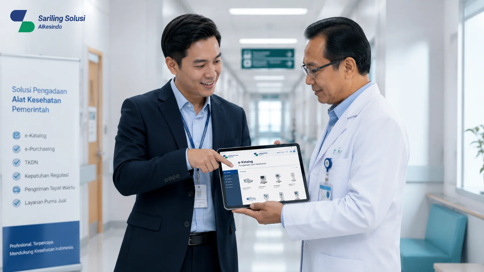 Agen distributor alat kesehatan sedang mempresentasikan solusi pengadaan melalui e-katalog menggunakan tablet kepada administrator rumah sakit di koridor rumah sakit modern dengan logo Sariling Solusi Alkesindo di pojok kiri atas.
