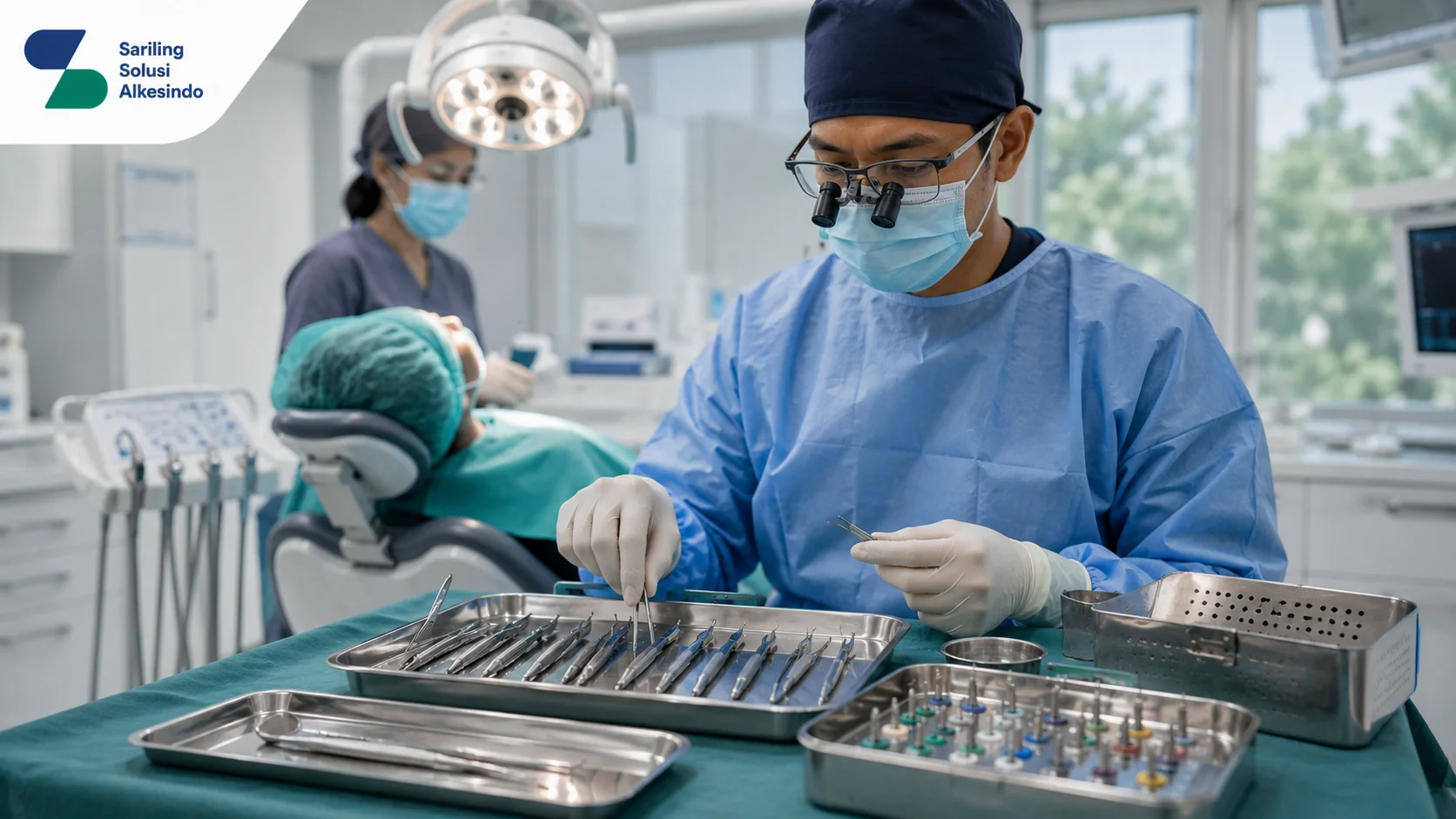 Dokter gigi spesialis bedah mulut sedang mempersiapkan tindakan menggunakan paket peralatan gigi bedah steril yang tersusun rapi di atas tray stainless steel di ruang tindakan modern dengan logo Sariling Solusi Alkesindo.