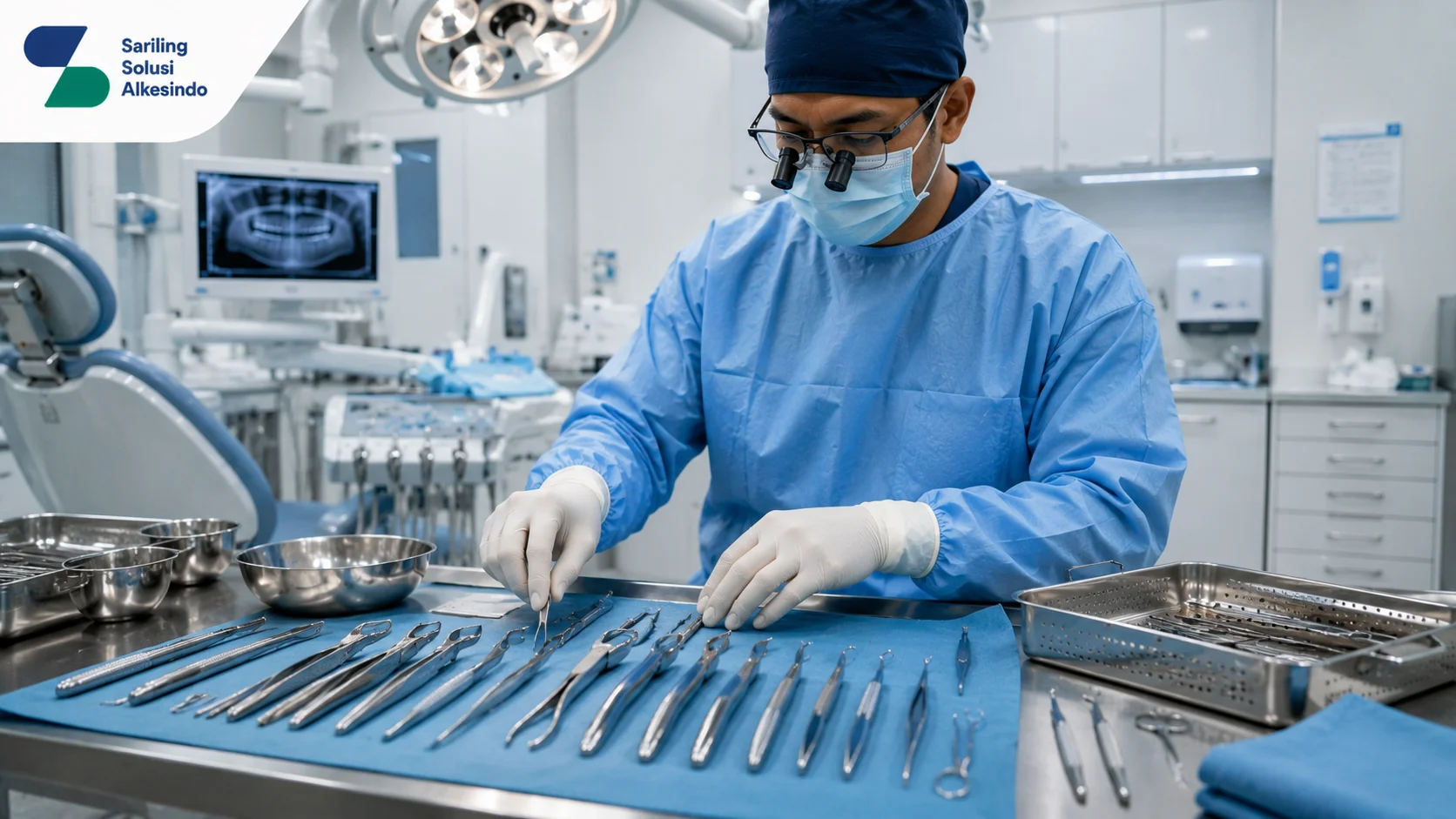 Dokter gigi spesialis bedah mulut sedang menata instrumen bedah gigi steril seperti dental elevator, extraction forceps, scalpel, tissue forceps, dan needle holder di atas meja stainless steel sebelum operasi dengan logo Sariling Solusi Alkesindo.