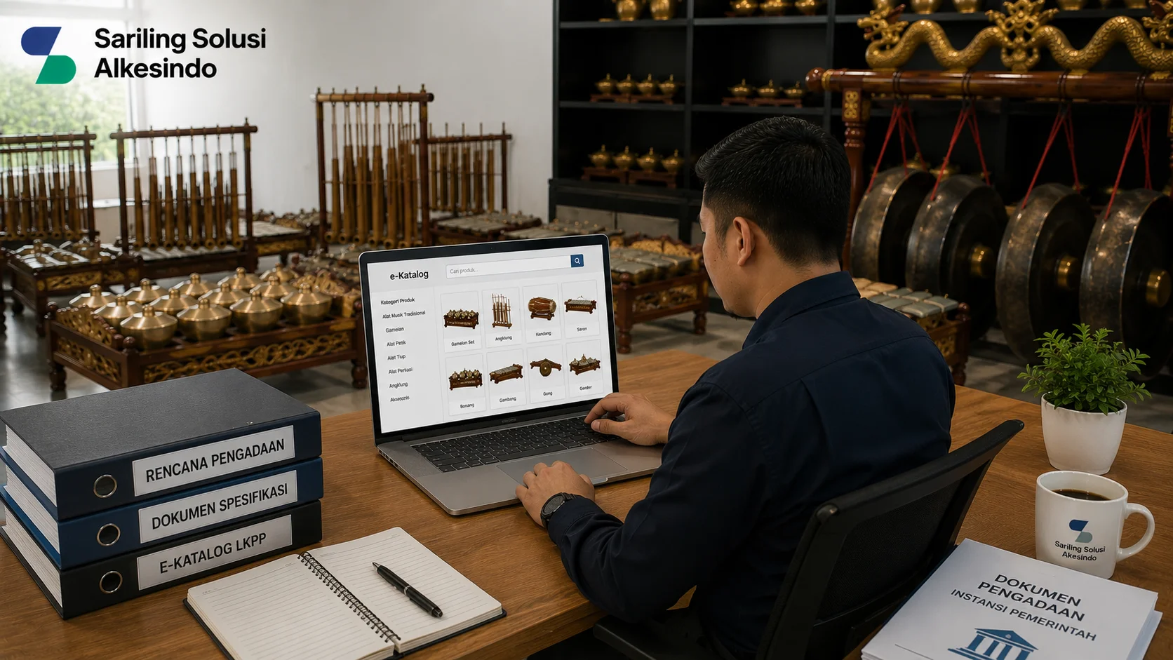 Ilustrasi e-Katalog alat musik tradisional untuk pengadaan instansi pemerintah yang menampilkan proses pencarian produk melalui katalog digital, berbagai instrumen seperti gamelan dan angklung, serta dokumen pengadaan dengan logo Sariling Solusi Alkesindo