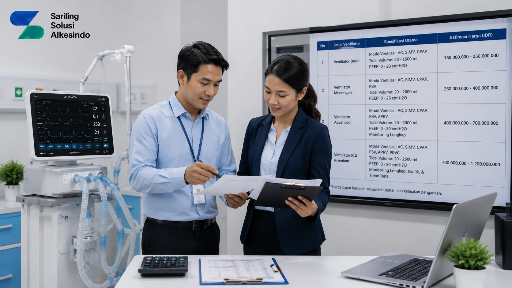 Ilustrasi estimasi harga vendor pengadaan ventilator LPSE terbaru yang menampilkan perangkat ventilator medis, profesional melakukan evaluasi dokumen, serta tampilan perencanaan harga dengan logo Sariling Solusi Alkesindo.