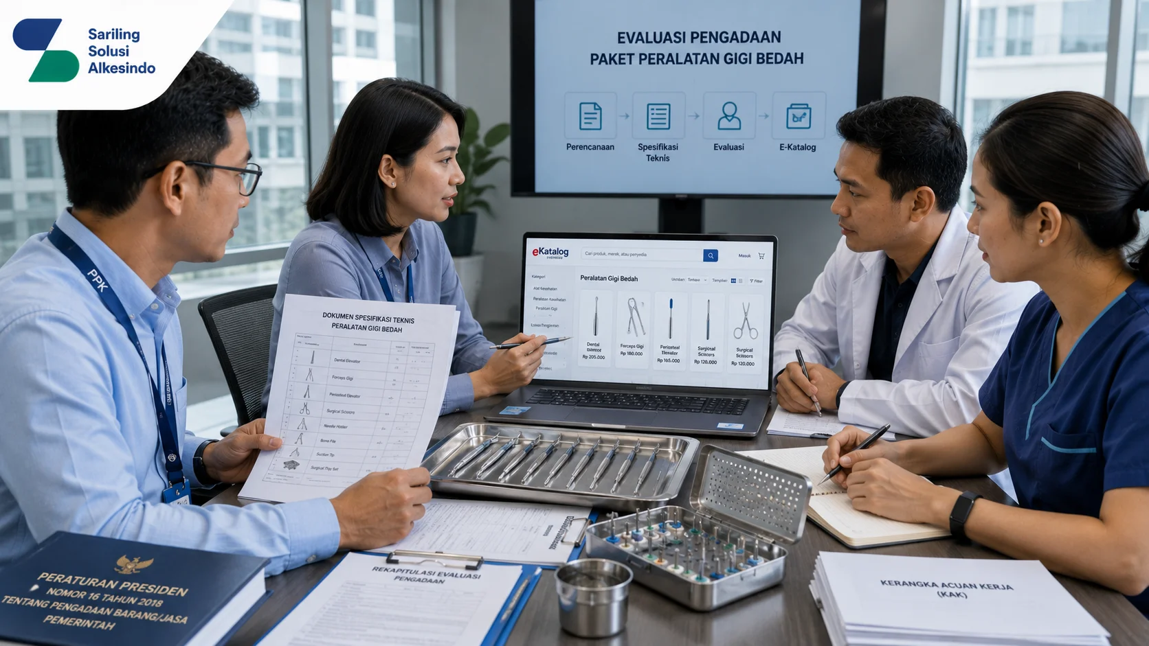 Ilustrasi pejabat pengadaan dan tenaga kesehatan sedang melakukan evaluasi dokumen pengadaan paket peralatan gigi bedah menggunakan E-Katalog dengan instrumen bedah gigi steril di ruang rapat rumah sakit serta logo Sariling Solusi Alkesindo.