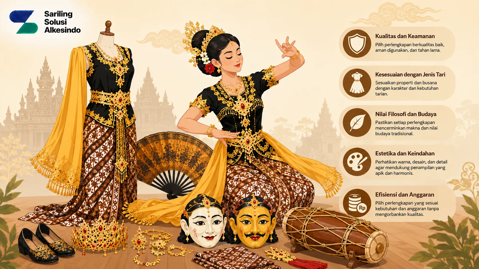 Ilustrasi faktor penting dalam memilih perlengkapan seni tari tradisional yang menampilkan busana tari Jawa, aksesori, properti pertunjukan, alat musik, dan perlengkapan budaya dengan logo Sariling Solusi Alkesindo.