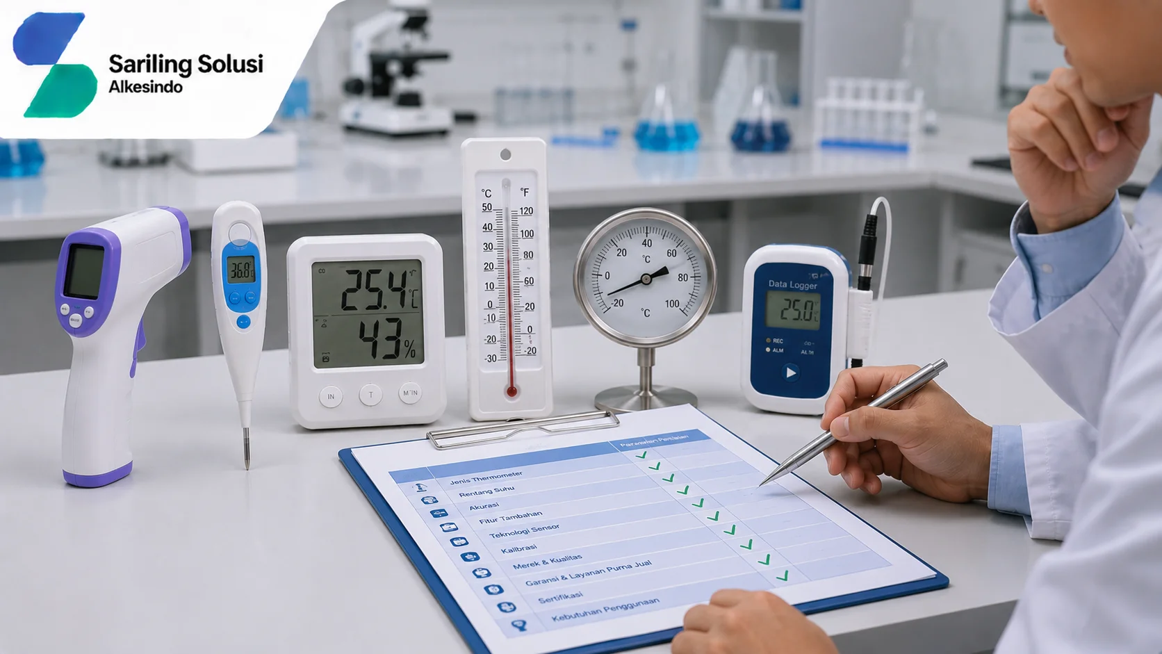 Ilustrasi faktor yang mempengaruhi harga thermometer yang menampilkan berbagai jenis thermometer seperti infrared thermometer