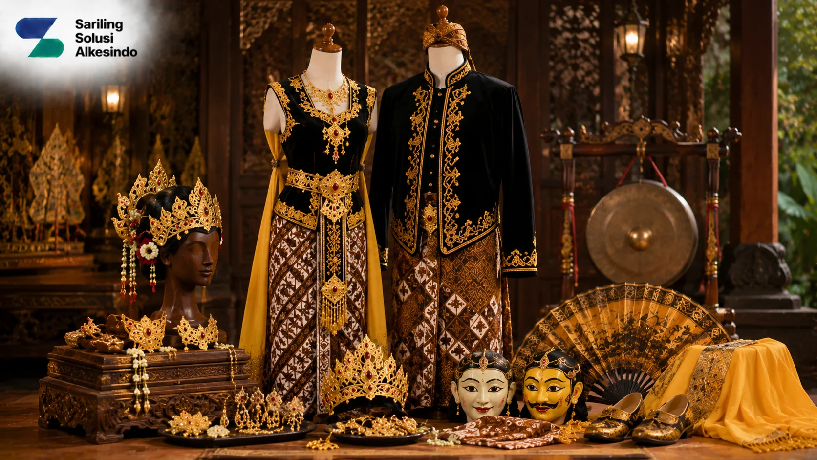 ilustrasi filosofi properti dan tata busana tari tradisional Jawa yang menampilkan pakaian adat, aksesori, mahkota, kipas, topeng, dan perlengkapan pertunjukan dengan logo Sariling Solusi Alkesindo.