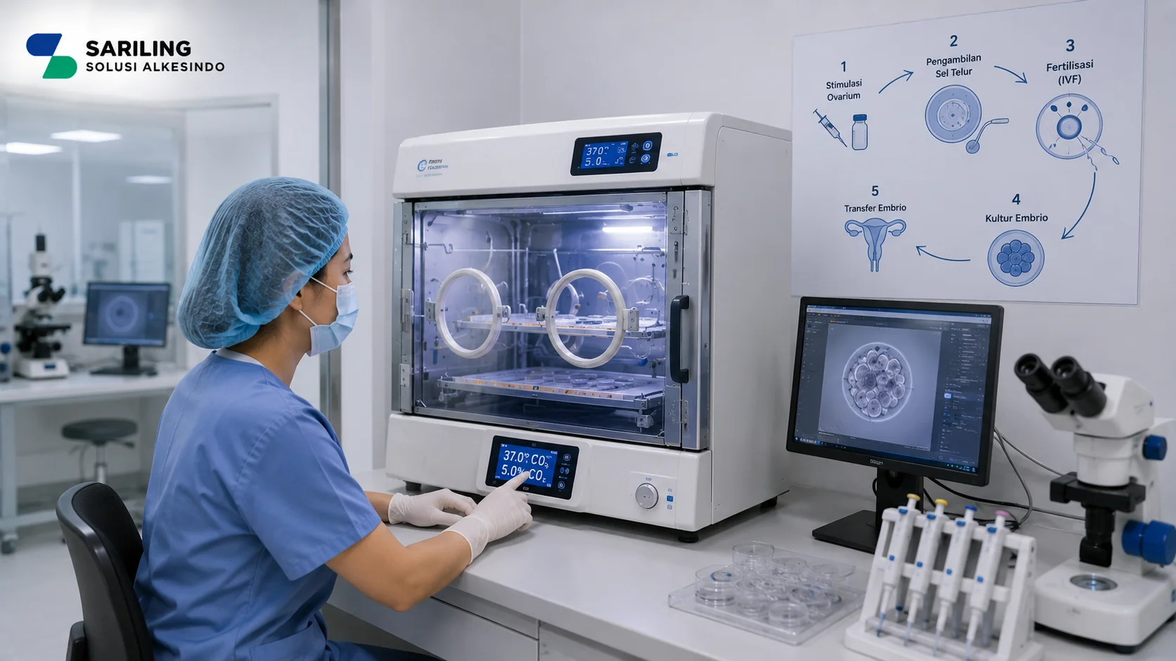 Ilustrasi fungsi inkubator embrio dalam proses IVF yang menampilkan tenaga medis di laboratorium fertilitas sedang mengoperasikan inkubator embrio modern, dengan perangkat pengontrol suhu dan gas, mikroskop, serta lingkungan laboratorium steril untuk mendukung perkembangan embrio bersama Sariling Solusi Alkesindo.