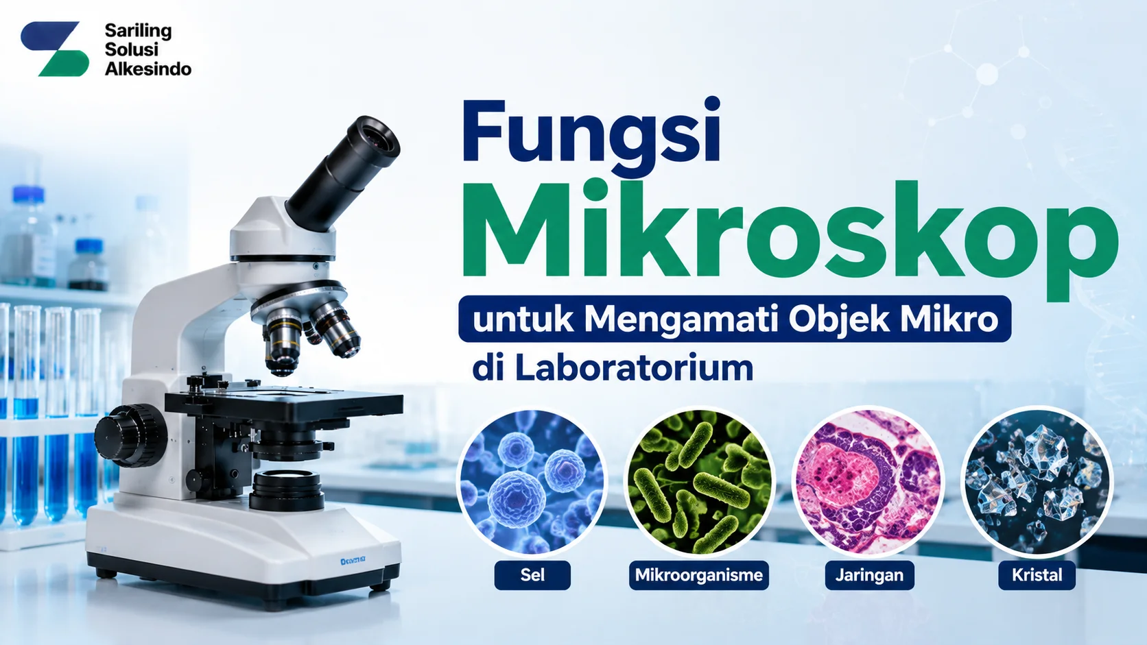 Ilustrasi fungsi mikroskop untuk mengamati objek mikro di laboratorium dengan gambar mikroskop, tampilan sel, mikroorganisme, jaringan, dan kristal serta logo Sariling Solusi Alkesindo.