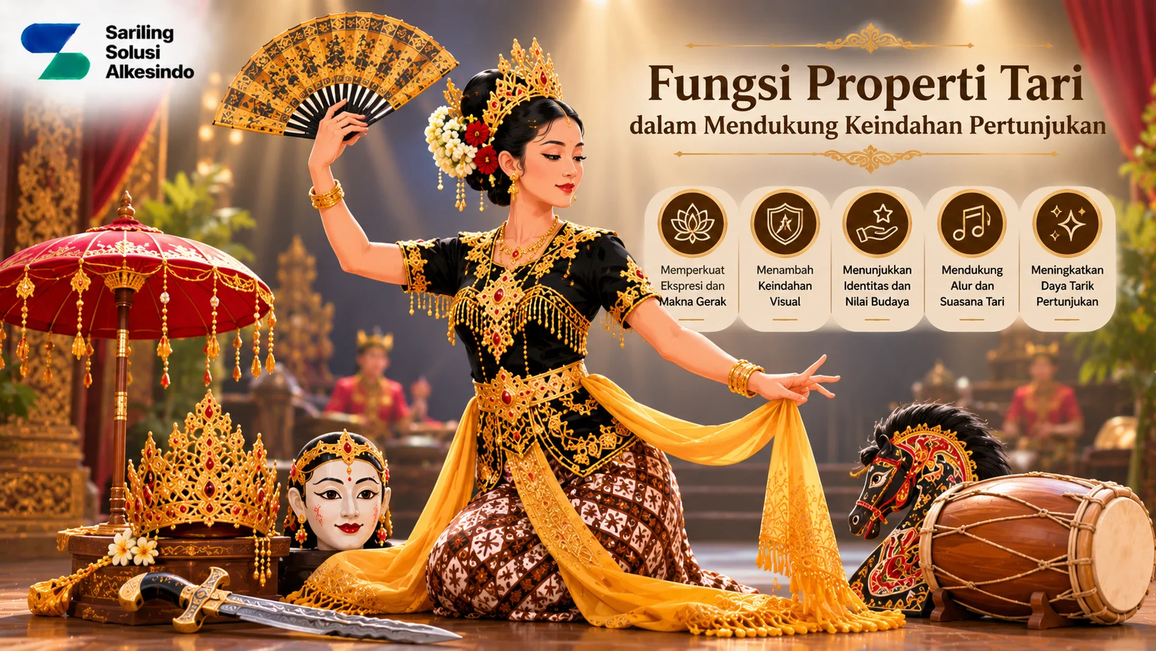 Ilustrasi fungsi properti tari dalam mendukung keindahan pertunjukan dengan penari tradisional, kipas, mahkota, topeng, keris, kuda lumping, dan kendang serta logo Sariling Solusi Alkesindo.