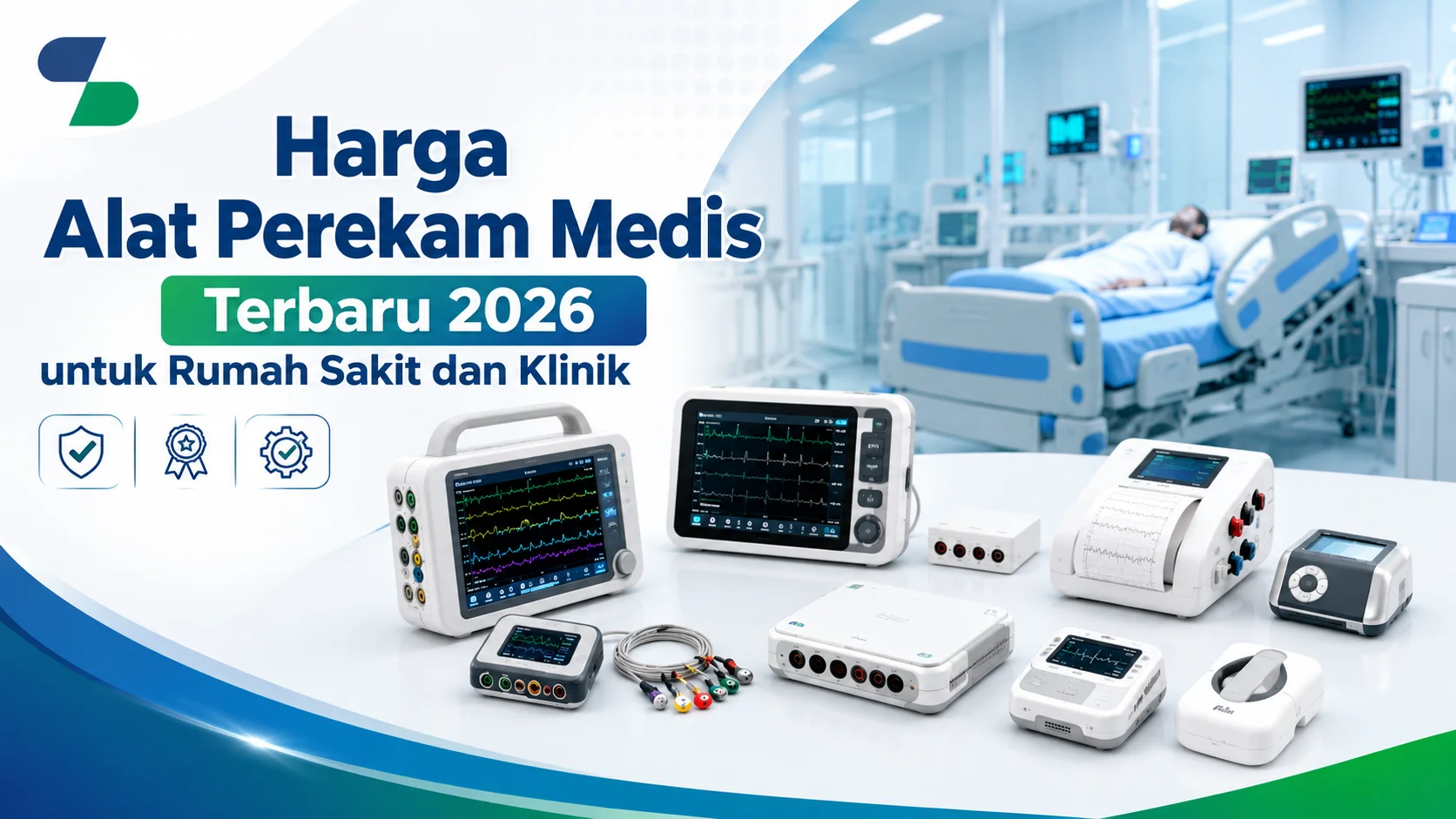 Ilustrasi harga alat perekam medis terbaru 2026 untuk rumah sakit dan klinik dengan berbagai perangkat EKG, patient monitor, dan logo Sariling Solusi Alkesindo.