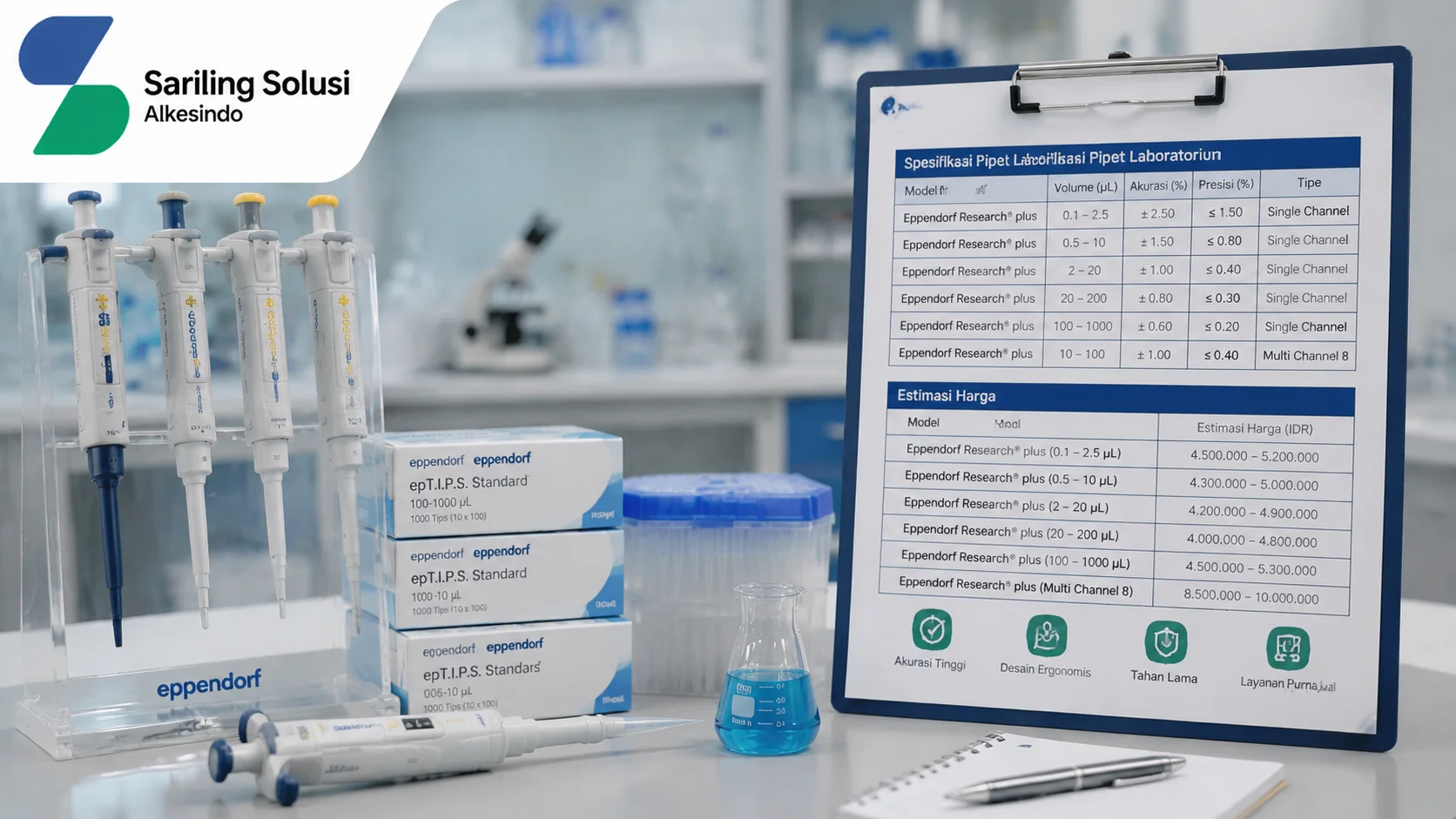 Ilustrasi harga dan spesifikasi pipet laboratorium yang menampilkan berbagai jenis micropipette
