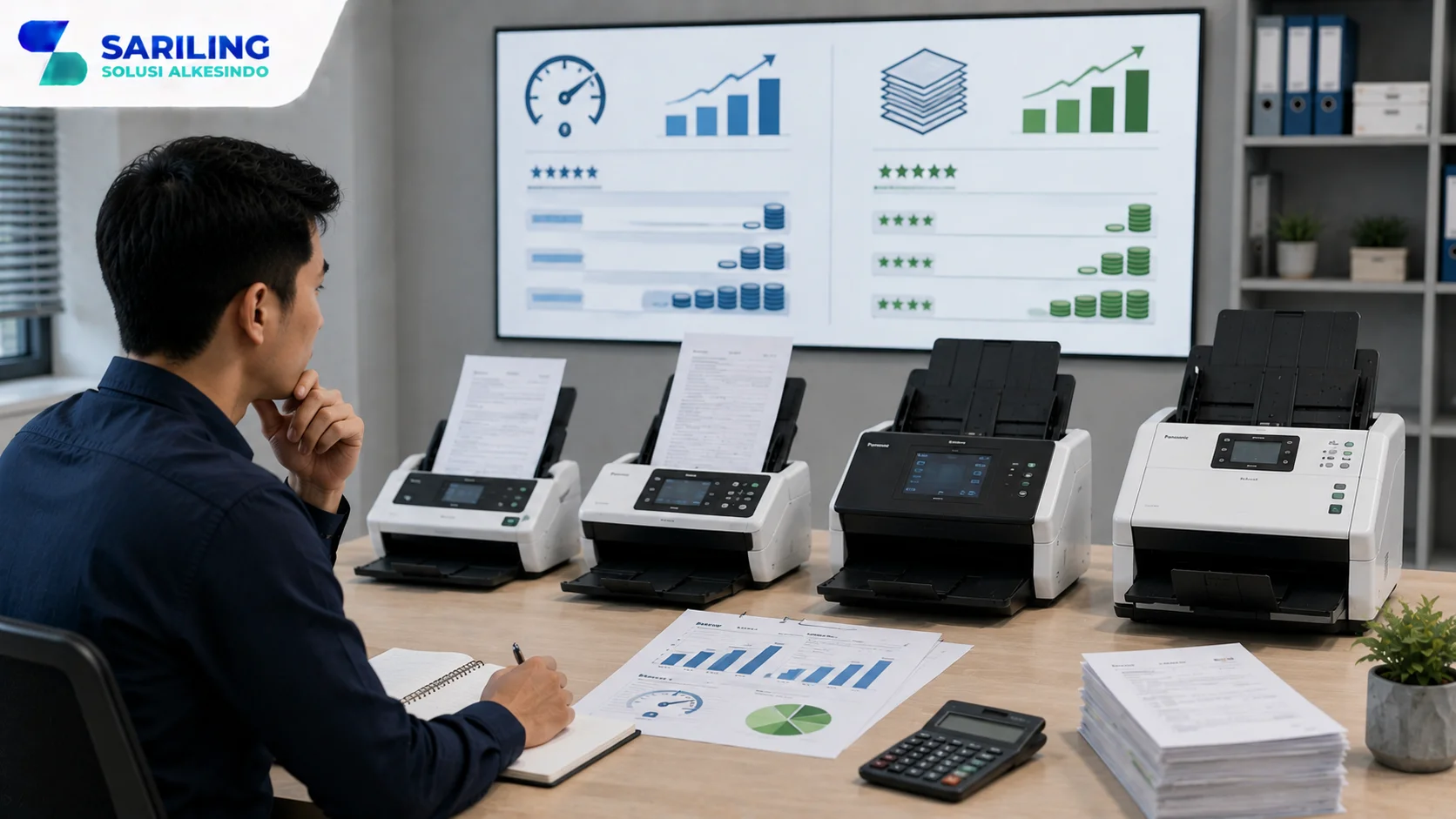 Foto realistis profesional yang menampilkan perbandingan beberapa scanner dokumen berdasarkan kecepatan dan kapasitas pemindaian, dilengkapi grafik analisis pada layar presentasi di kantor modern serta logo Sariling Solusi Alkesindo di pojok kiri atas.