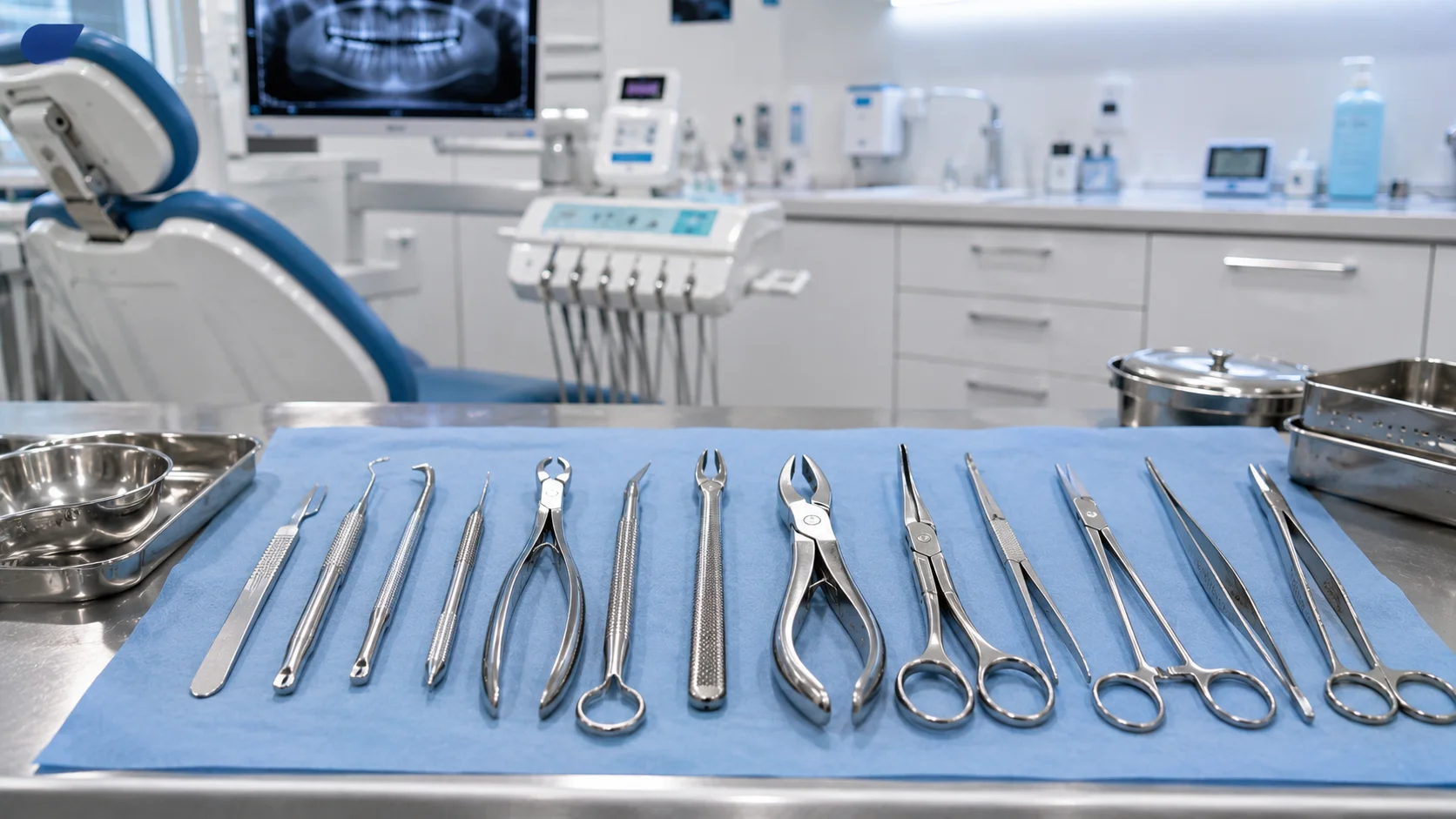 Berbagai instrumen bedah gigi seperti scalpel handle, dental elevator, extraction forceps, bone file, bone rongeur, surgical scissors, tissue forceps, hemostat, dan needle holder tersusun rapi di atas meja instrumen bedah steril dengan latar klinik gigi modern.