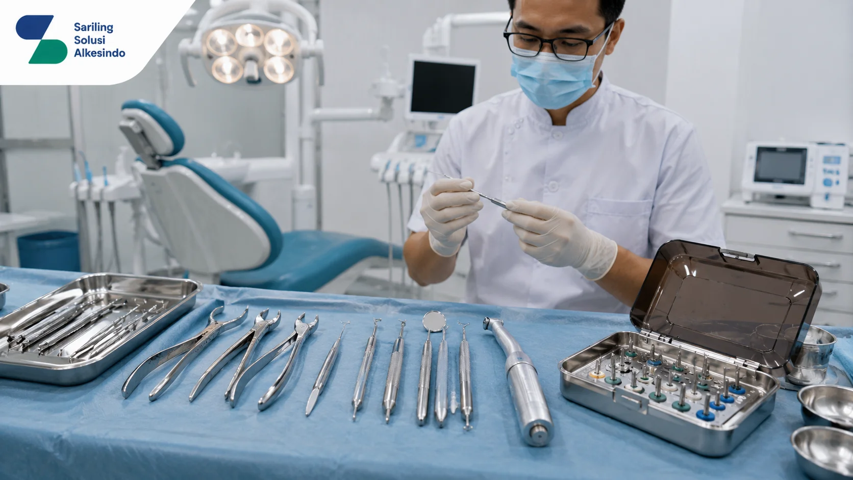 Dokter gigi memeriksa kualitas instrumen bedah gigi steril yang terdiri dari forceps, elevator, bone file, surgical handpiece, dan dental implant kit di ruang tindakan rumah sakit dengan logo Sariling Solusi Alkesindo.