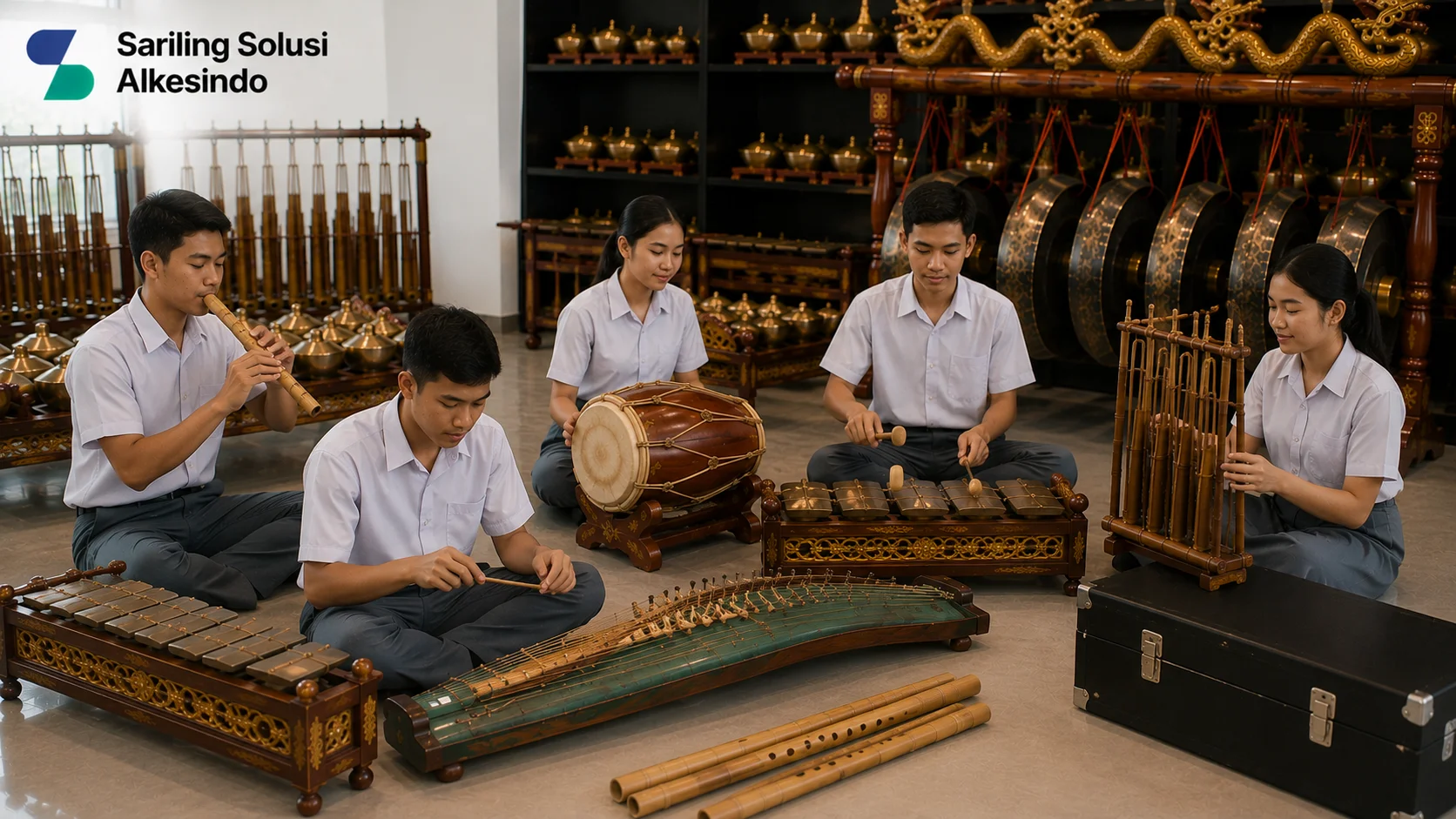 Ilustrasi jenis alat musik tradisional berdasarkan fungsinya yang menampilkan berbagai instrumen seperti gamelan, kendang, angklung, suling, dan alat musik perkusi tradisional yang digunakan dalam pertunjukan budaya dengan logo Sariling Solusi Alkesindo