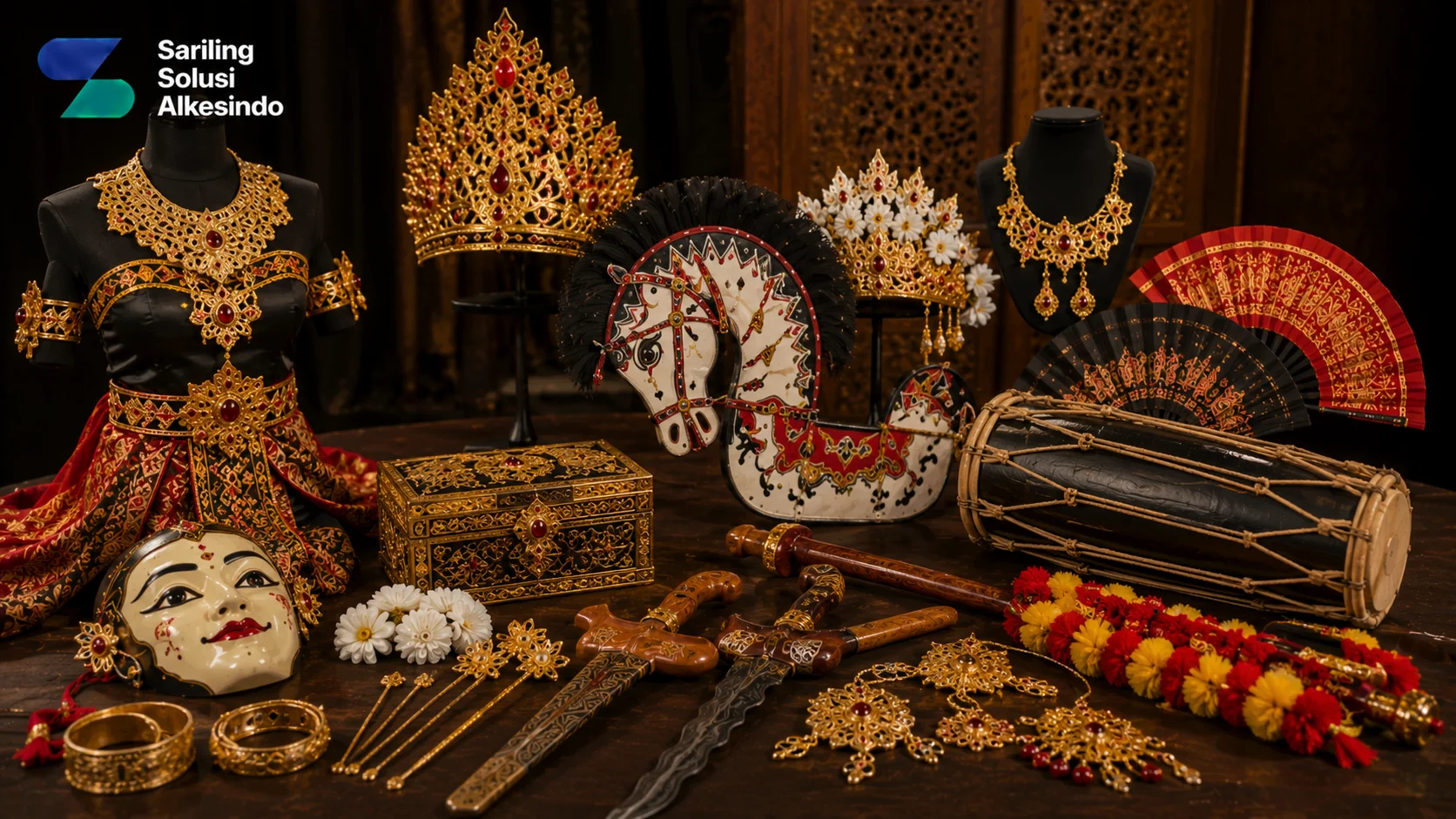 Ilustrasi jenis aksesoris tari tradisional yang menampilkan mahkota, perhiasan, kipas, gelang, kalung, topeng, keris, kuda lumping, dan perlengkapan pendukung seni tari dengan logo Sariling Solusi Alkesindo.