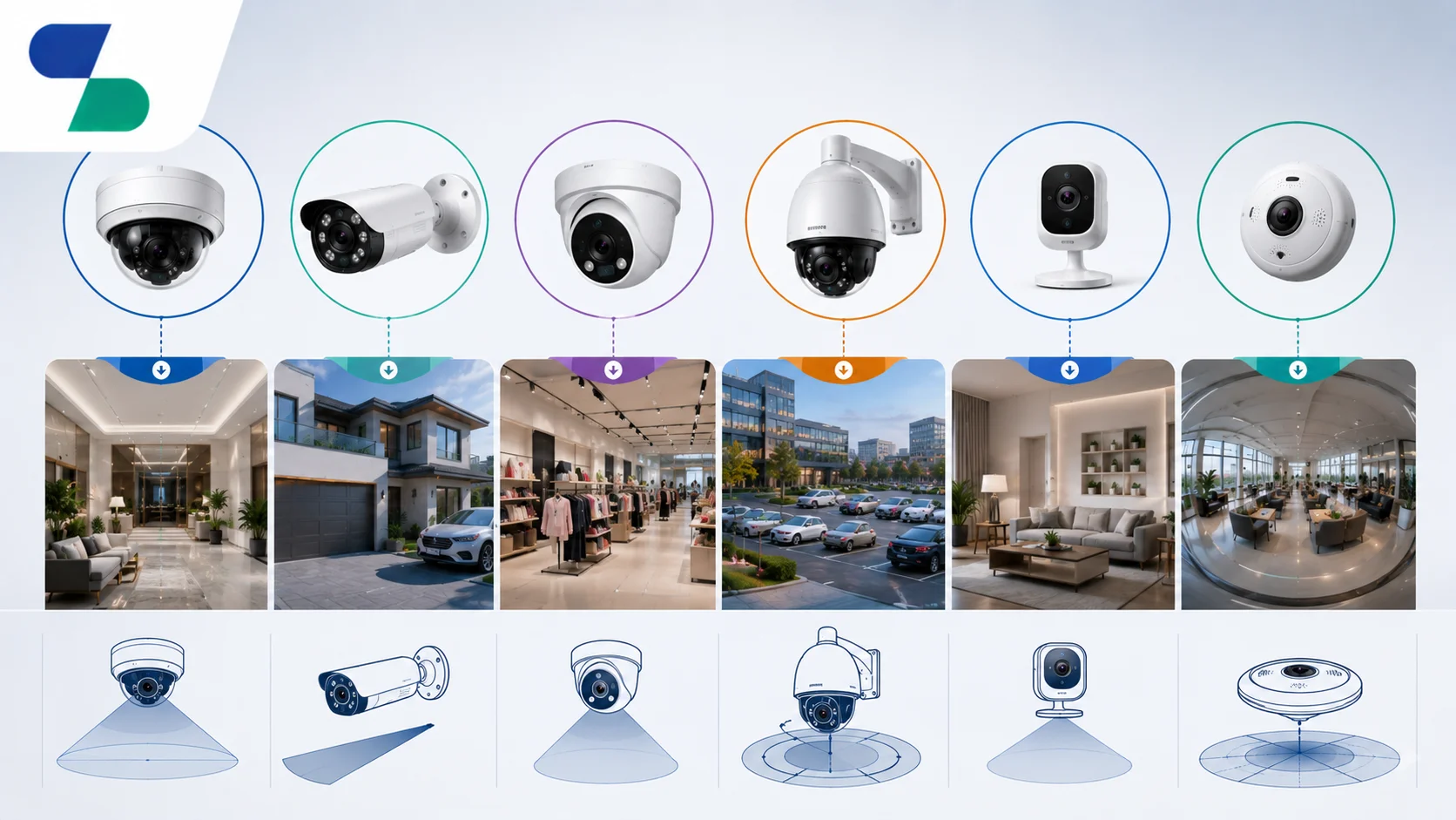 Ilustrasi berbagai jenis kamera CCTV berdasarkan bentuk dan desain, menampilkan kamera dome, bullet, turret, PTZ, cube, dan fisheye beserta contoh area pemasangannya dengan logo Sariling Solusi Alkesindo di pojok kiri atas.