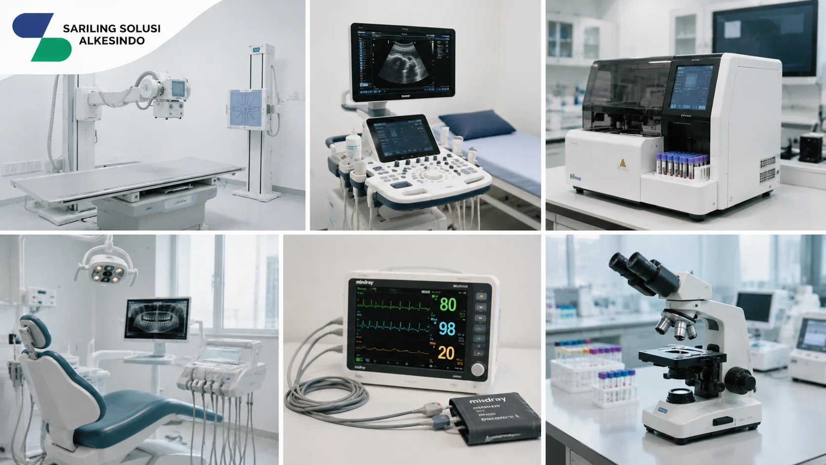 Ilustrasi jenis-jenis peralatan diagnostika berdasarkan penggunaannya yang menampilkan berbagai alat kesehatan seperti mesin rontgen, USG, analyzer laboratorium, monitor pasien, mikroskop, dan peralatan diagnostik lainnya untuk mendukung pemeriksaan medis bersama Sariling Solusi Alkesindo.