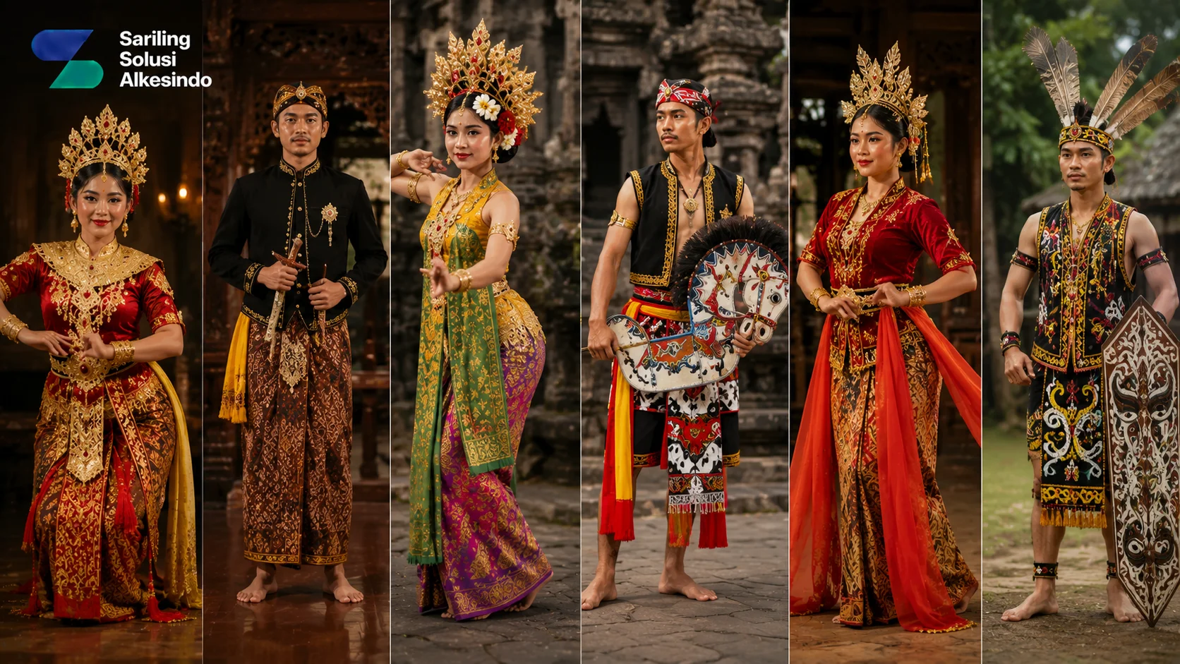 Ilustrasi jenis kostum tari tradisional Indonesia berdasarkan daerah yang menampilkan berbagai busana adat penari dari berbagai wilayah dengan aksesori khas budaya dan logo Sariling Solusi Alkesindo.