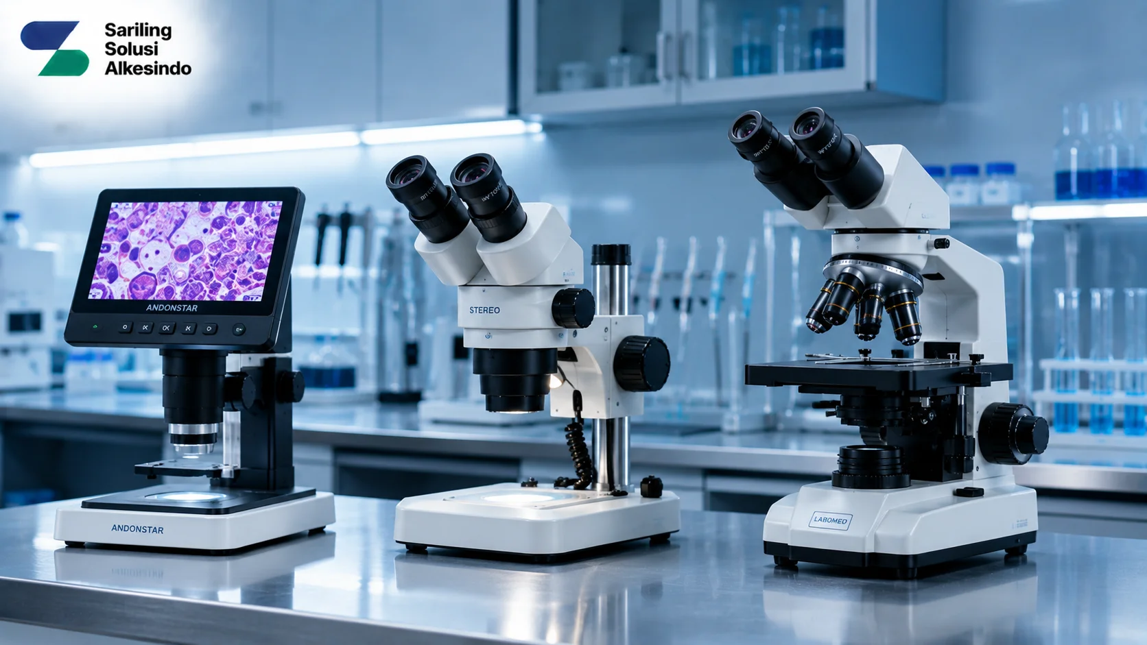 Tiga jenis mikroskop laboratorium modern terdiri dari mikroskop digital dengan layar LCD, mikroskop stereo untuk pengamatan makro, dan mikroskop cahaya compound dengan logo Sariling Solusi Alkesindo.