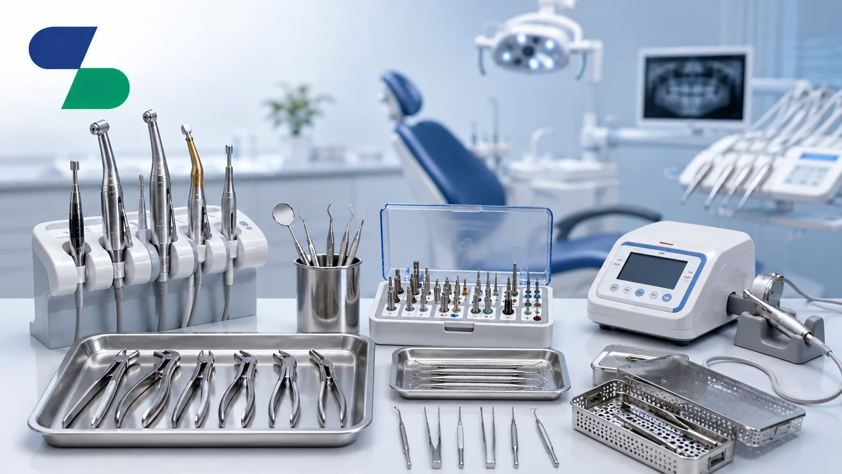 Ilustrasi berbagai jenis peralatan gigi bedah modern yang tersedia, meliputi handpiece, forceps, instrumen bedah, kit implant, dan peralatan klinik gigi dengan logo Sariling Solusi Alkesindo.