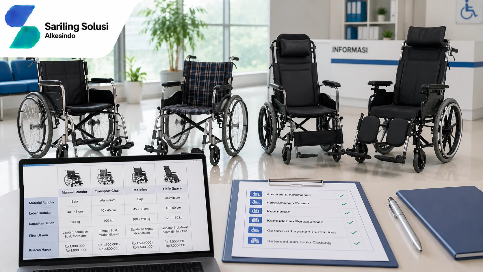 Ilustrasi jenis produk kursi roda dan kisaran harga yang menampilkan berbagai tipe kursi roda pasien seperti kursi roda standar, transport chair, reclining wheelchair, dan tilt in space, dilengkapi tabel perbandingan spesifikasi, fitur, kapasitas beban, serta informasi harga produk bersama Sariling Solusi Alkesindo.