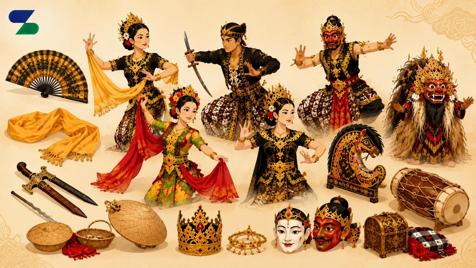 Ilustrasi berbagai jenis properti tari tradisional berdasarkan karakter tarian yang menampilkan penari dengan busana adat, kipas, selendang, keris, topeng, kuda lumping, mahkota, dan alat musik tradisional dengan logo Sariling Solusi Alkesindo.