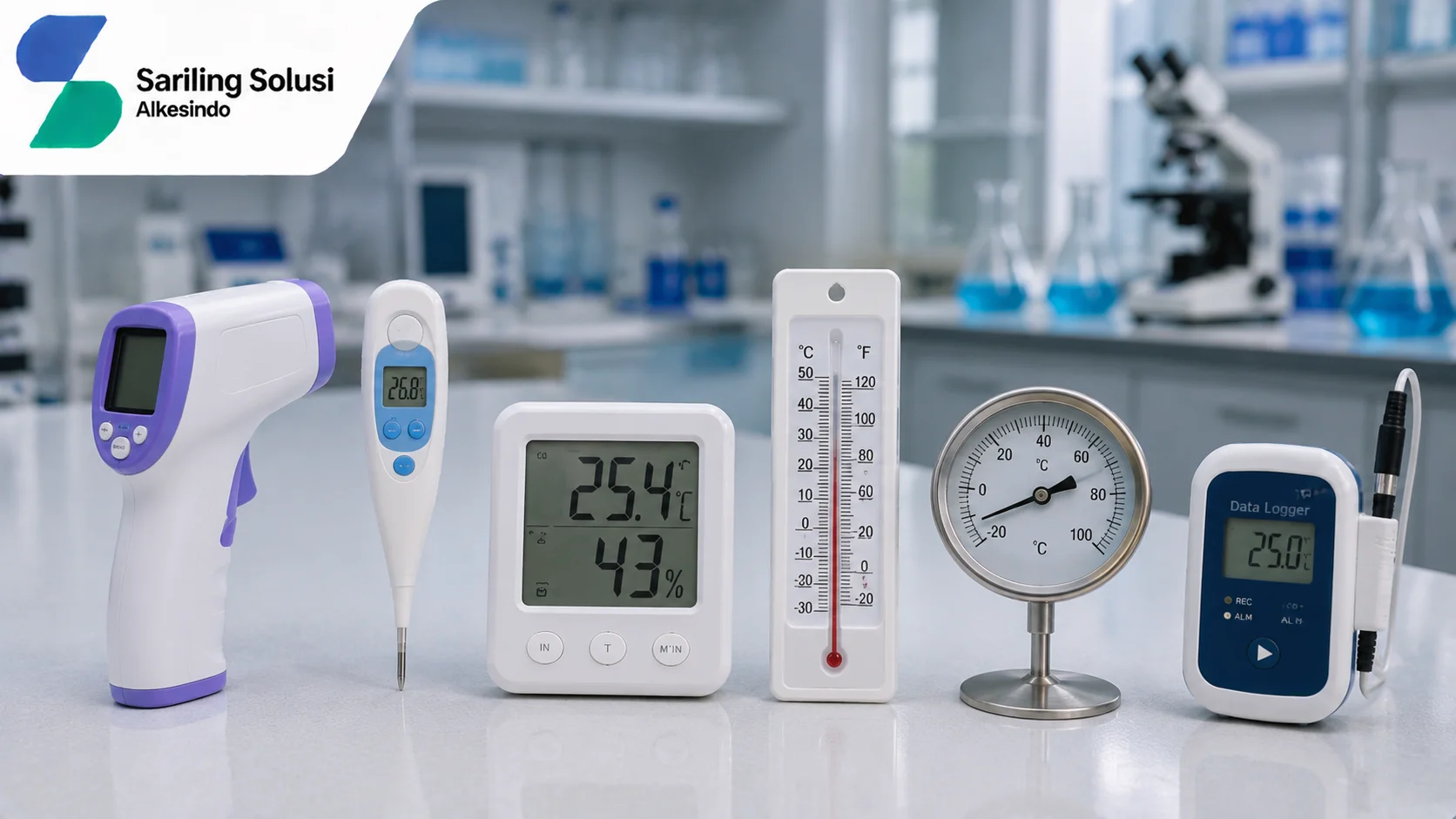 Ilustrasi berbagai jenis thermometer yang banyak digunakan dengan menampilkan thermometer inframerah, thermometer digital, thermometer ruangan, thermometer analog, dan data logger suhu di lingkungan laboratorium bersama logo Sariling Solusi Alkesindo.