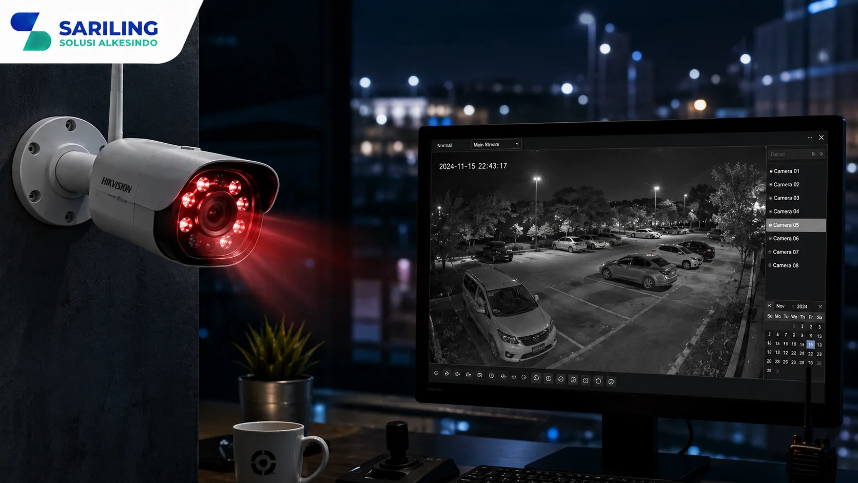 Foto realistis profesional yang menampilkan kamera CCTV modern dengan fitur night vision aktif pada malam hari. Terlihat pancaran inframerah di sekitar lensa serta monitor pengawasan yang menampilkan area parkir tetap jelas dalam kondisi gelap, dilengkapi logo Sariling Solusi Alkesindo di pojok kiri atas.