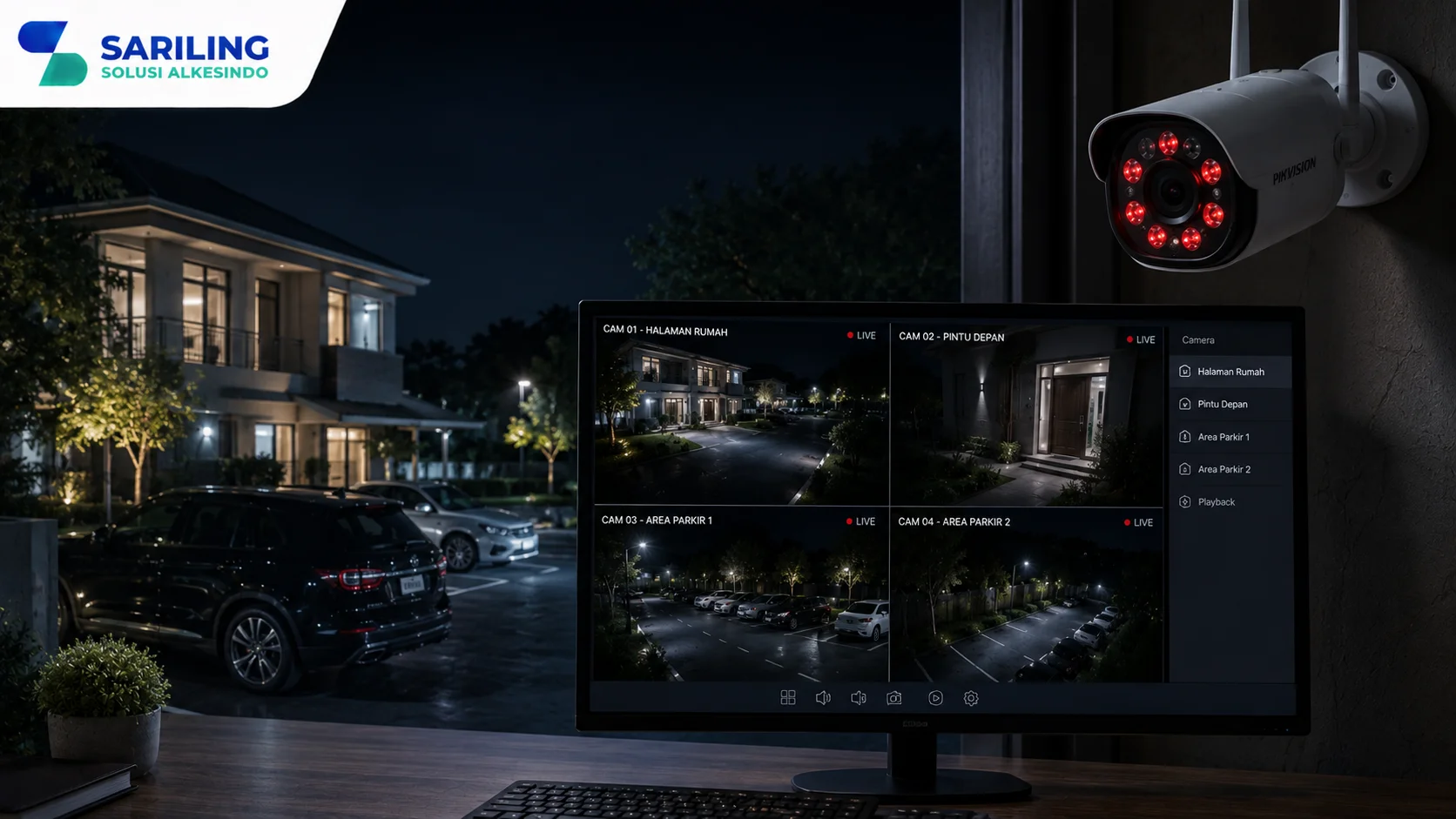 Foto realistis profesional yang menampilkan kamera CCTV dengan fitur night vision aktif memantau area rumah dan parkir pada malam hari, dilengkapi monitor pengawasan yang menampilkan rekaman tetap jelas dalam kondisi minim cahaya serta logo Sariling Solusi Alkesindo di pojok kiri atas.