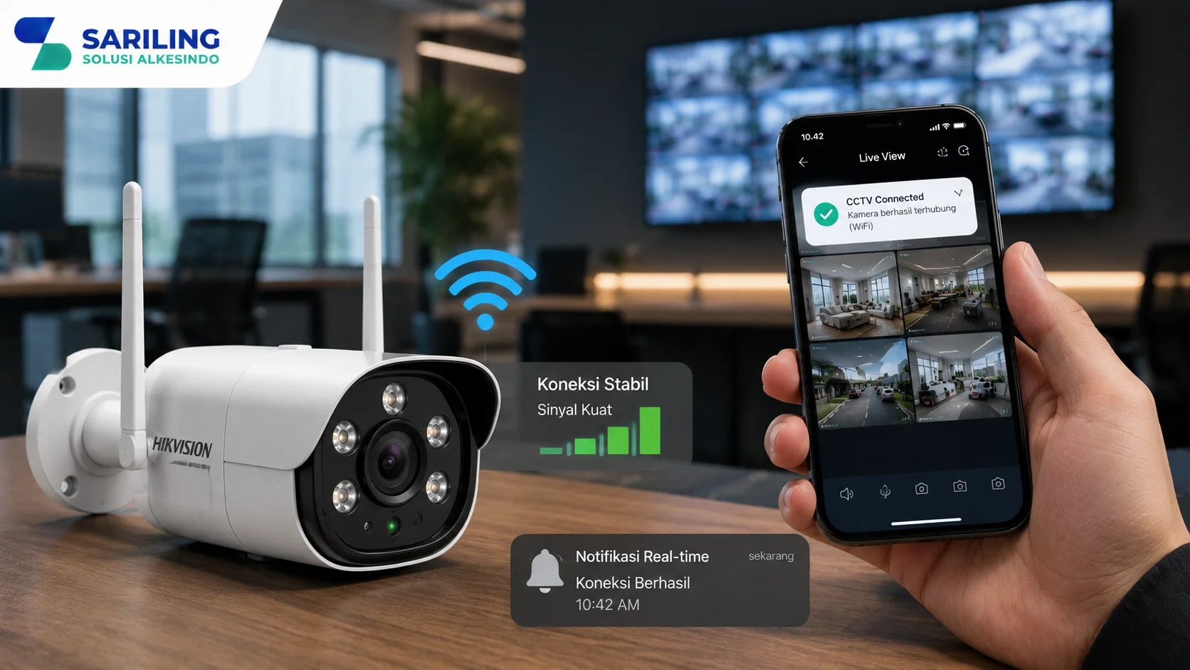 Foto realistis profesional yang menampilkan kamera CCTV wireless dengan indikator sinyal WiFi serta smartphone yang menampilkan notifikasi koneksi dan monitoring CCTV secara real-time di ruang kerja modern, lengkap dengan logo Sariling Solusi Alkesindo di pojok kiri atas.