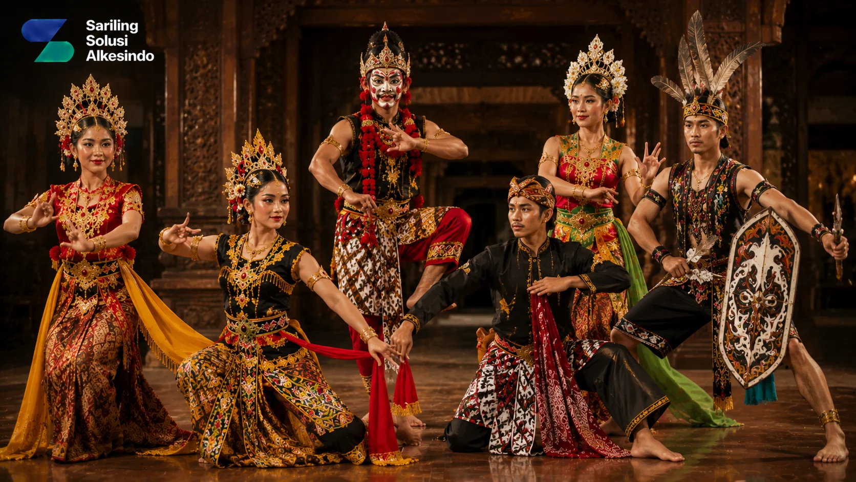 Ilustrasi karakteristik kostum tari tradisional berdasarkan jenis tarian yang menampilkan berbagai busana adat penari Indonesia dengan ornamen, aksesori, dan properti khas budaya serta logo Sariling Solusi Alkesindo.