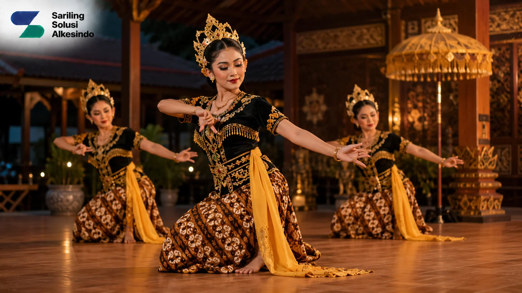 Ilustrasi karakteristik tarian Jawa yang menampilkan penari dengan busana tradisional Jawa, gerakan tari anggun, dan suasana pertunjukan budaya dengan logo Sariling Solusi Alkesindo.