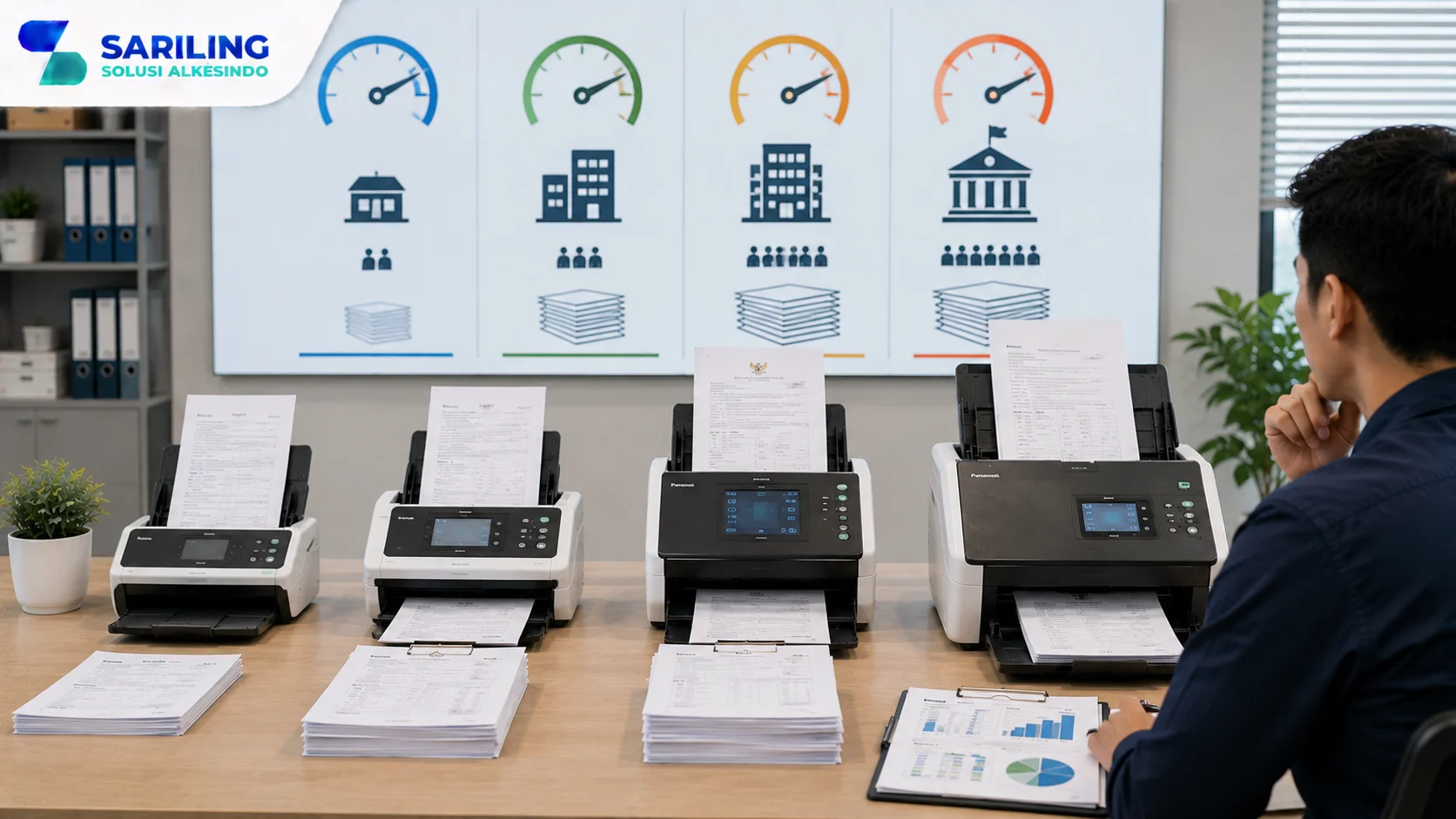 Foto realistis profesional yang menampilkan beberapa scanner dokumen dengan tingkat kecepatan pemindaian berbeda untuk berbagai kebutuhan instansi, disertai ilustrasi indikator performa dan volume dokumen di lingkungan kantor modern, lengkap dengan logo Sariling Solusi Alkesindo di pojok kiri atas.