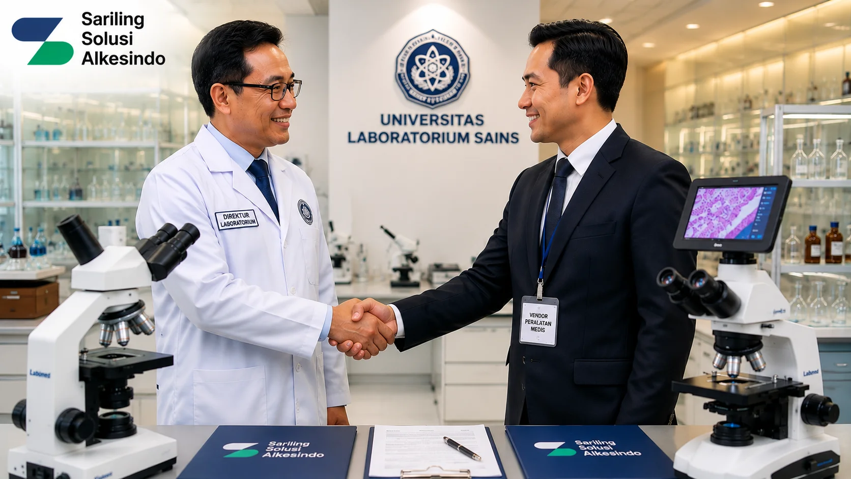 Direktur laboratorium universitas berjabat tangan dengan perwakilan vendor alat kesehatan di laboratorium modern dengan mikroskop berkualitas tinggi dan logo Sariling Solusi Alkesindo.
