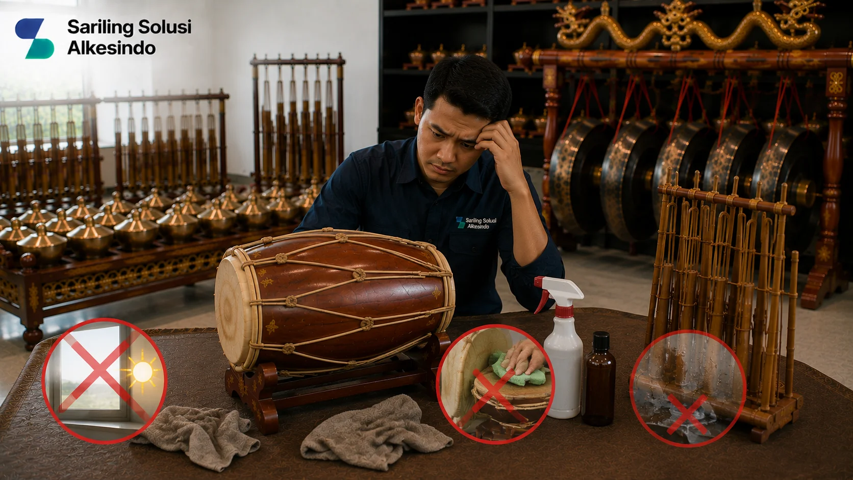 Ilustrasi kesalahan yang harus dihindari saat merawat alat musik tradisional yang menampilkan proses perawatan kendang