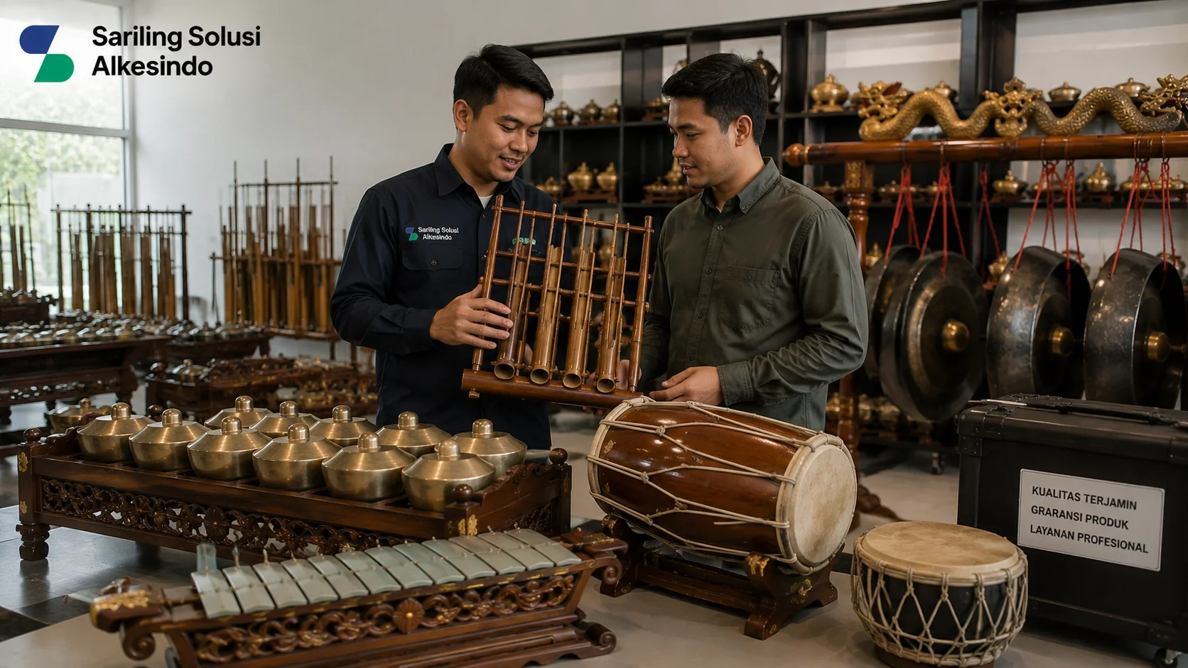 Ilustrasi keunggulan pengadaan alat musik tradisional di Sariling Solusi Alkesindo yang menampilkan proses pemeriksaan kualitas instrumen seperti angklung, gamelan, kendang, dan alat musik tradisional lainnya