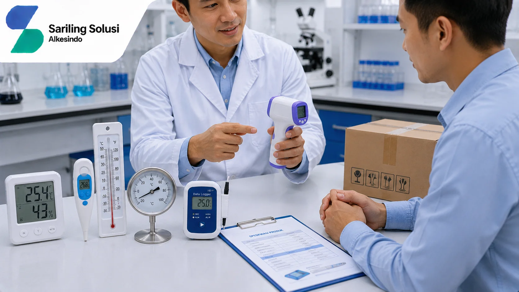Ilustrasi keuntungan menggunakan penyedia thermometer berpengalaman yang menampilkan proses konsultasi produk