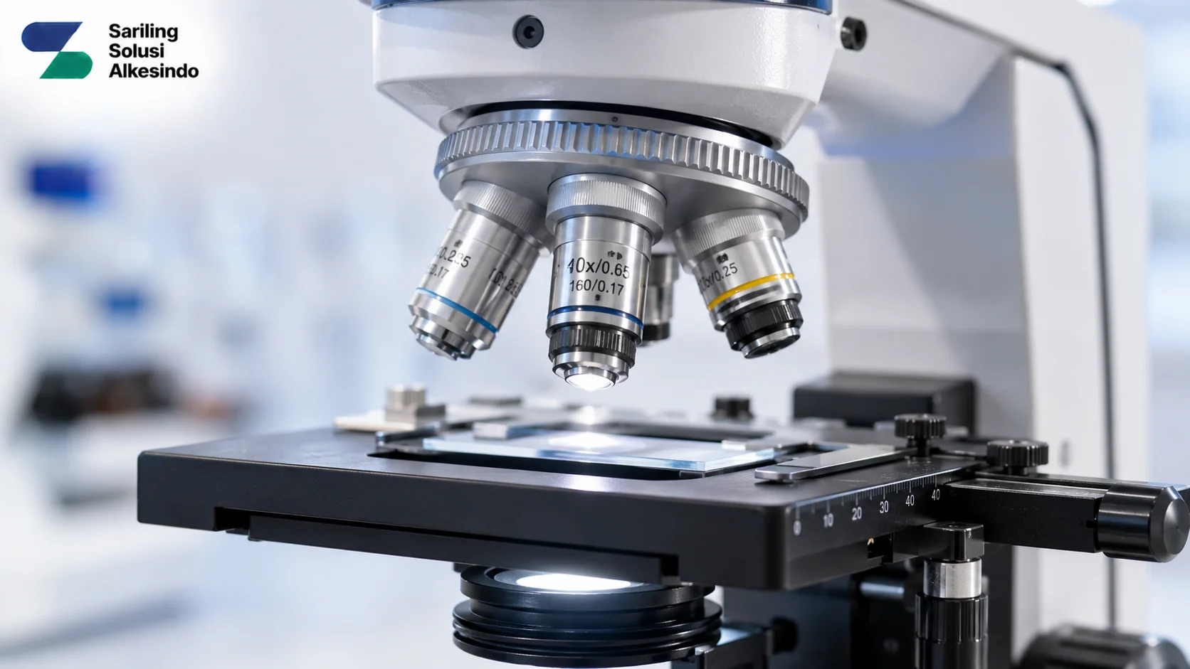 Close-up mikroskop klinis profesional dengan revolving nosepiece berbahan metal, beberapa lensa objektif, LED condenser, dan mechanical stage untuk pengamatan preparat dengan logo Sariling Solusi Alkesindo.