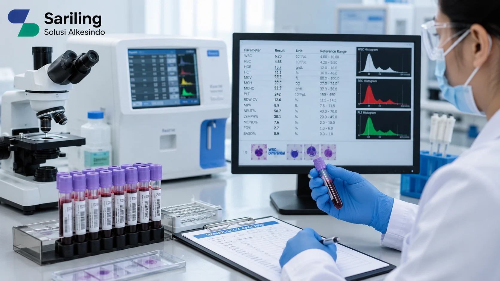 Ilustrasi memahami pemeriksaan hematologi dalam analisis darah yang menampilkan proses analisis sampel darah di laboratorium modern, tenaga medis menggunakan sarung tangan memeriksa tabung darah, perangkat hematology analyzer, hasil pemeriksaan pada monitor, serta logo Sariling Solusi Alkesindo di pojok kiri atas.