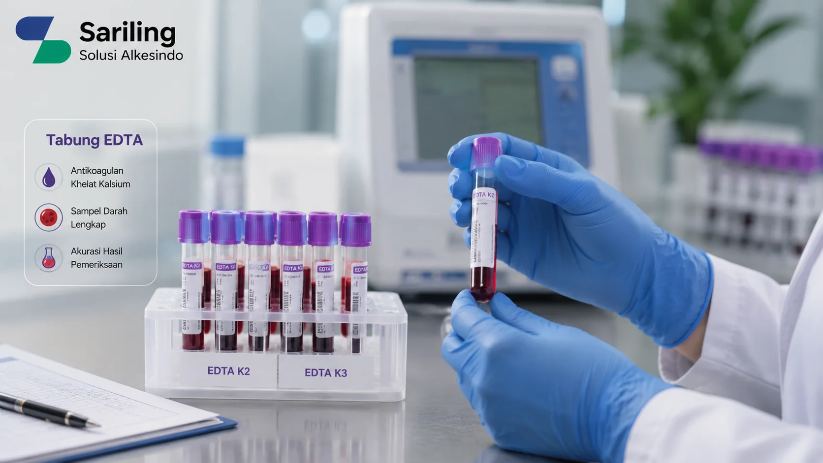 Ilustrasi memahami tabung EDTA dalam pemeriksaan laboratorium yang menampilkan tabung sampel darah EDTA dengan tutup ungu, proses pengambilan dan penyimpanan sampel di laboratorium medis, perlengkapan pemeriksaan hematologi, serta logo Sariling Solusi Alkesindo di pojok kiri atas.
