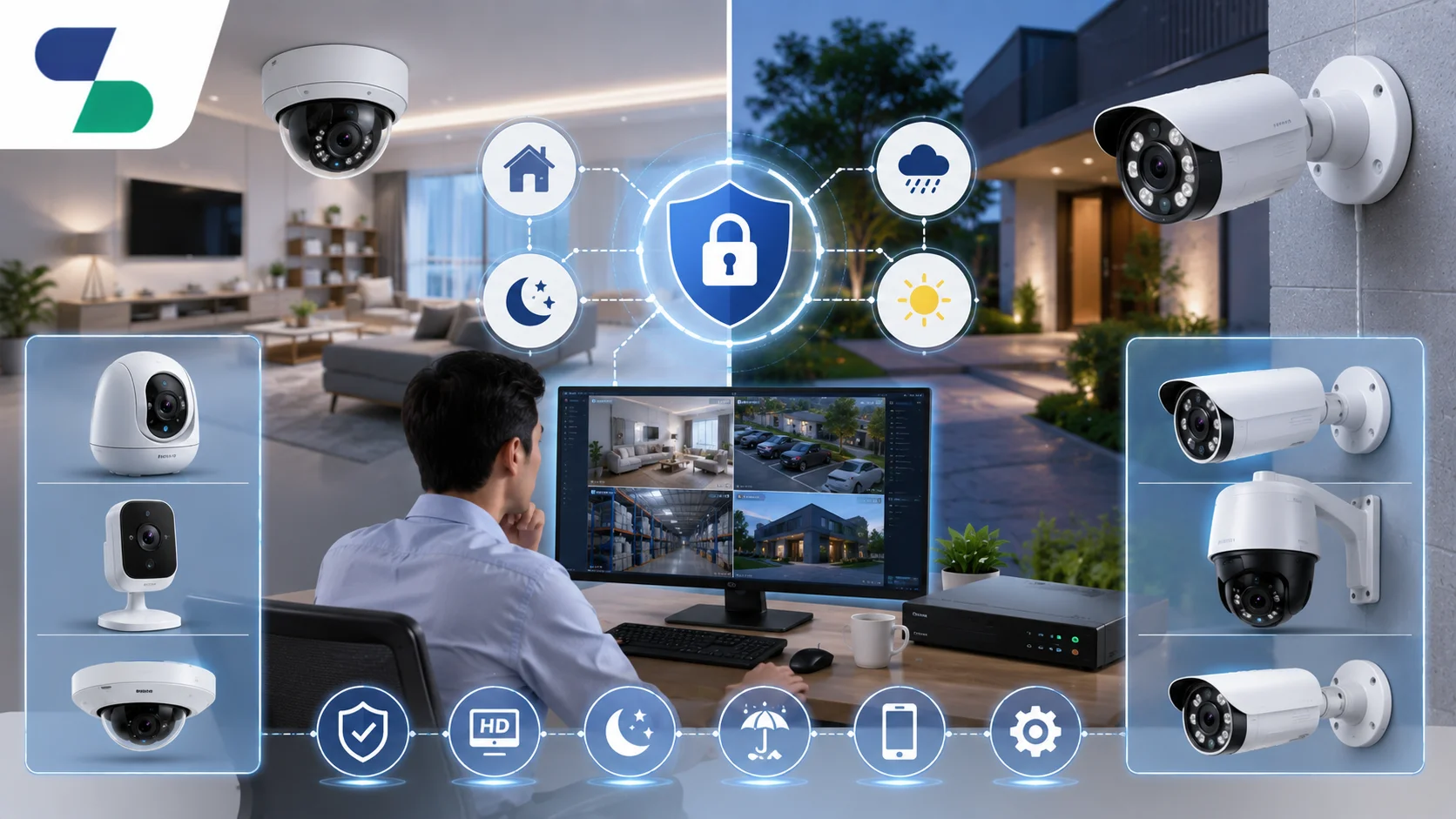 Ilustrasi pemilihan kamera CCTV yang tepat untuk sistem keamanan optimal dengan berbagai jenis kamera indoor dan outdoor, monitor pemantauan, DVR/NVR, ikon fitur keamanan, serta logo Sariling Solusi Alkesindo di pojok kiri atas.