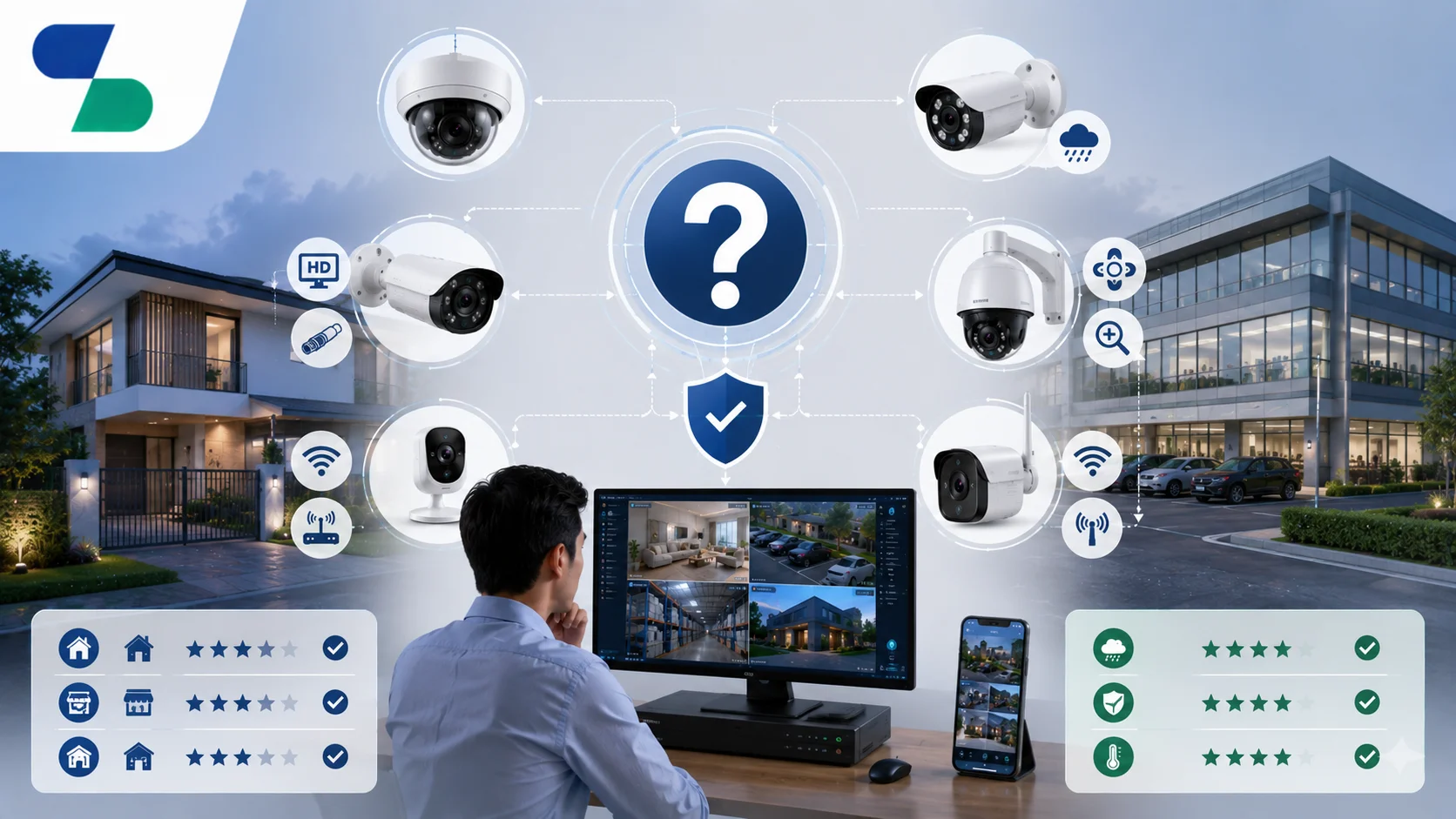 Ilustrasi pemilihan jenis kamera CCTV yang tepat untuk sistem keamanan dengan berbagai tipe kamera seperti dome, bullet, PTZ, dan wireless, lengkap dengan monitor pemantauan, ikon fitur keamanan, serta logo Sariling Solusi Alkesindo di pojok kiri atas.