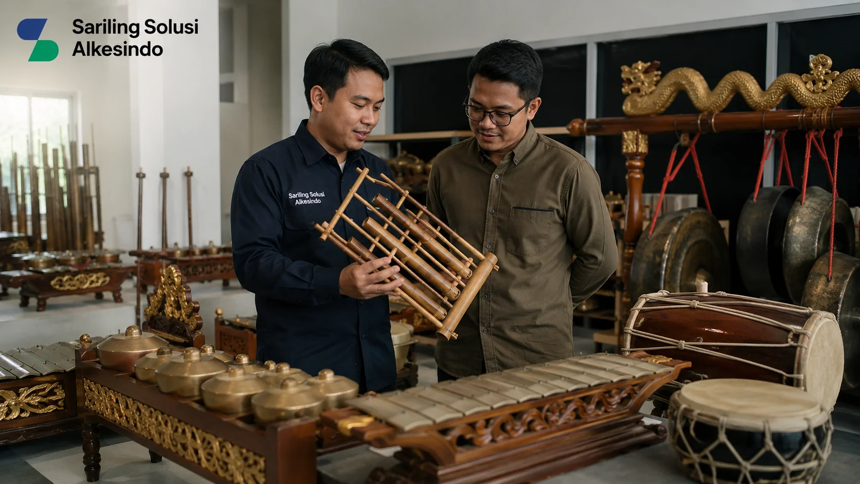 Ilustrasi memilih penyedia pengadaan alat musik tradisional terpercaya yang menampilkan proses pemeriksaan kualitas alat musik seperti angklung, gamelan, dan instrumen tradisional lainnya dengan logo Sariling Solusi Alkesindo.
