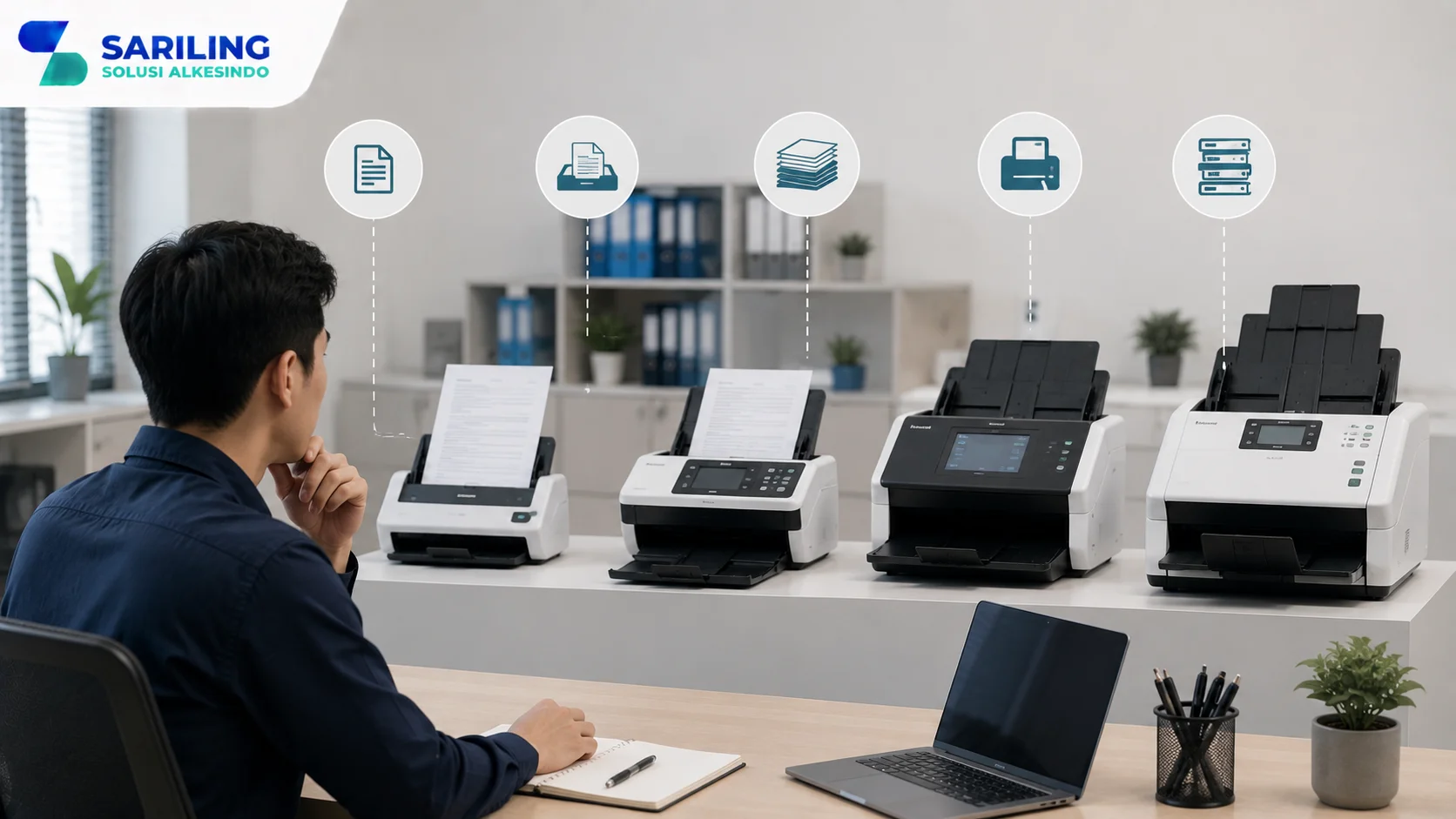Foto realistis profesional yang menampilkan berbagai jenis scanner dokumen di lingkungan kantor modern, dengan seorang staf administrasi membandingkan fitur scanner untuk kebutuhan digitalisasi dokumen, dilengkapi logo Sariling Solusi Alkesindo di pojok kiri atas.