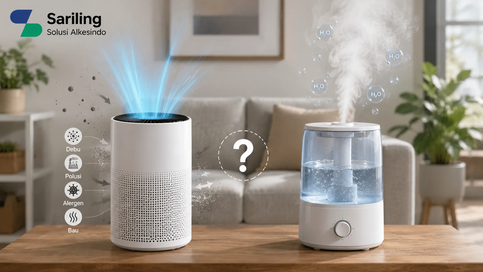 Ilustrasi mengapa air purifier dan air humidifier sering dianggap sama yang menampilkan perbandingan perangkat pemurni udara dan pelembap udara di ruang modern, dengan visual proses penyaringan udara, pelepasan uap air, serta logo Sariling Solusi Alkesindo di pojok kiri atas.