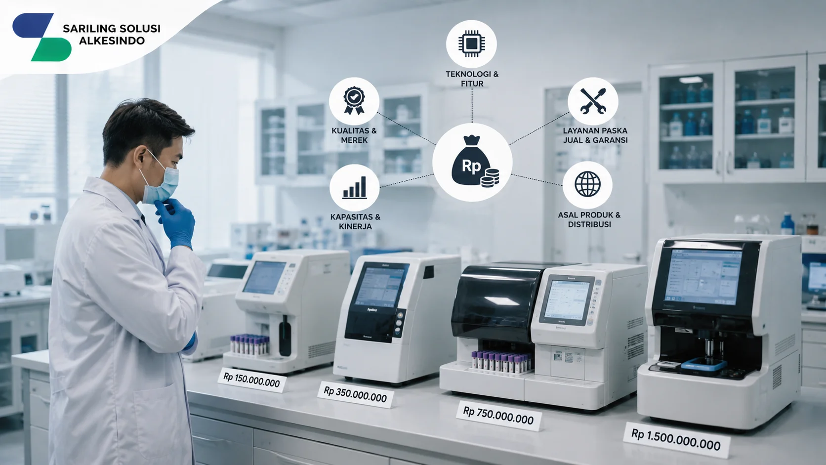 Ilustrasi mengapa harga peralatan diagnostika bisa berbeda yang menampilkan beberapa perangkat diagnostik medis dengan variasi harga, perbedaan teknologi, fitur, kualitas merek, kapasitas kinerja, layanan purna jual, garansi, serta faktor distribusi yang memengaruhi nilai produk bersama Sariling Solusi Alkesindo.