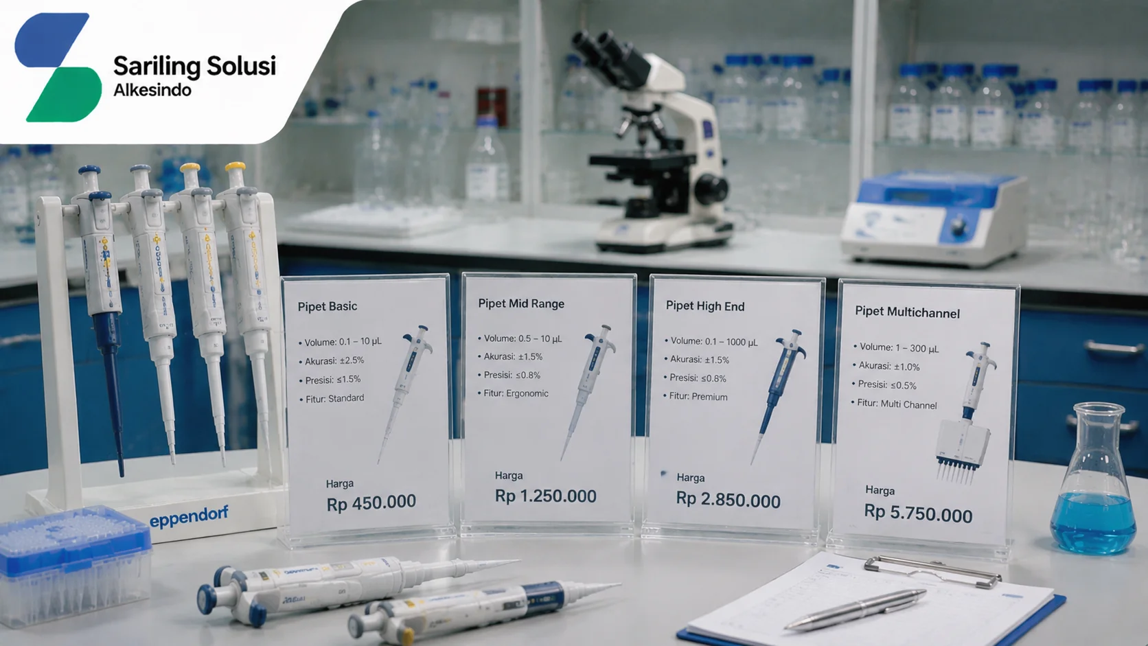 Ilustrasi perbedaan harga pipet laboratorium yang menampilkan berbagai jenis micropipette berdasarkan kelas produk, kapasitas volume, tingkat akurasi, presisi, fitur, serta perbandingan harga untuk kebutuhan laboratorium dengan logo Sariling Solusi Alkesindo.