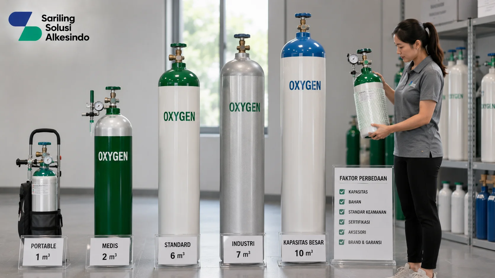Ilustrasi mengapa harga tabung oksigen berbeda yang menampilkan berbagai ukuran dan jenis tabung oksigen medis dengan kapasitas berbeda, perlengkapan regulator, area penyimpanan alat kesehatan modern, seseorang melakukan pengecekan produk, serta logo Sariling Solusi Alkesindo di pojok kiri atas.
